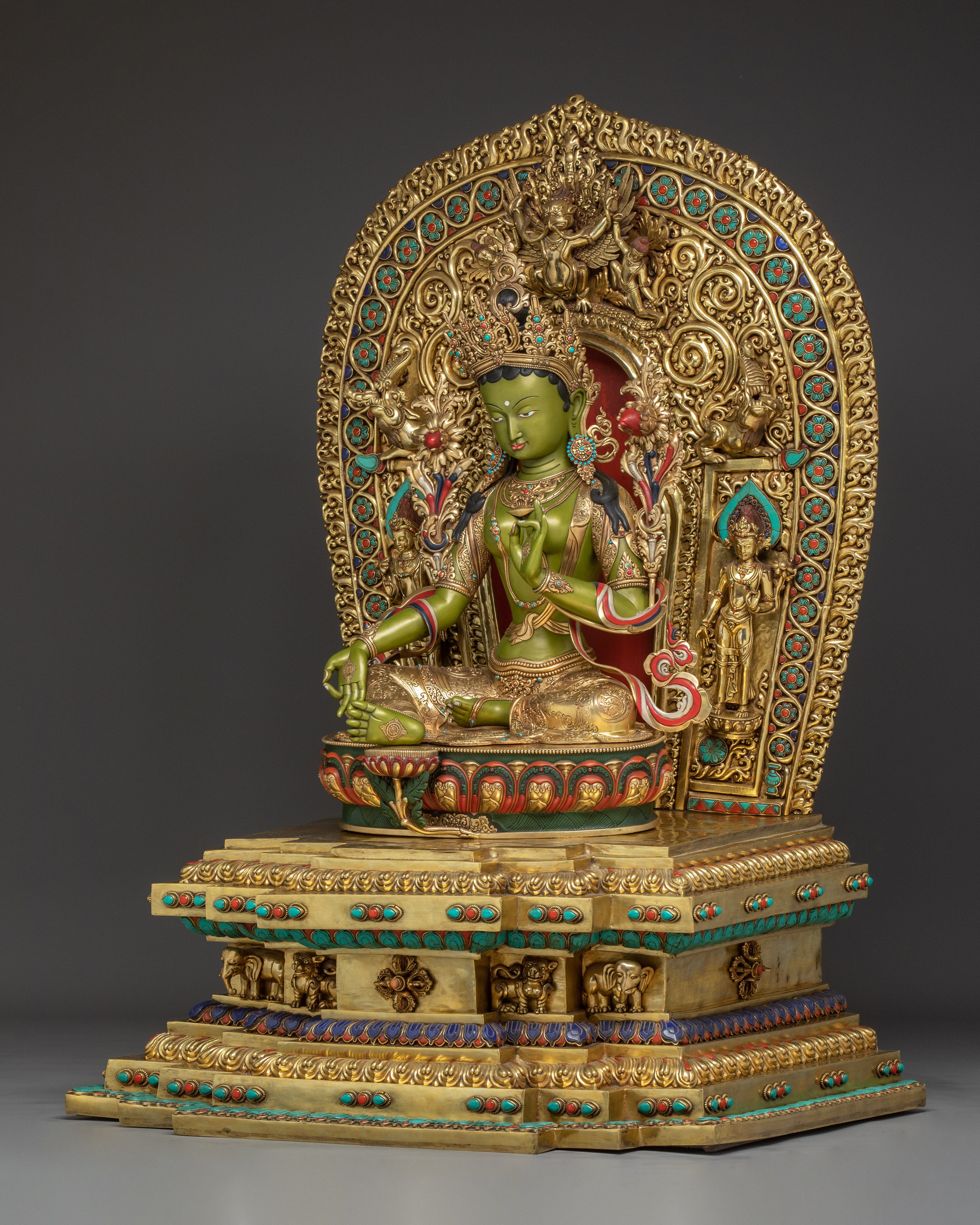 Majestic Green Tara on Throne Statue | Shyama Tara - Mother of All Buddhas