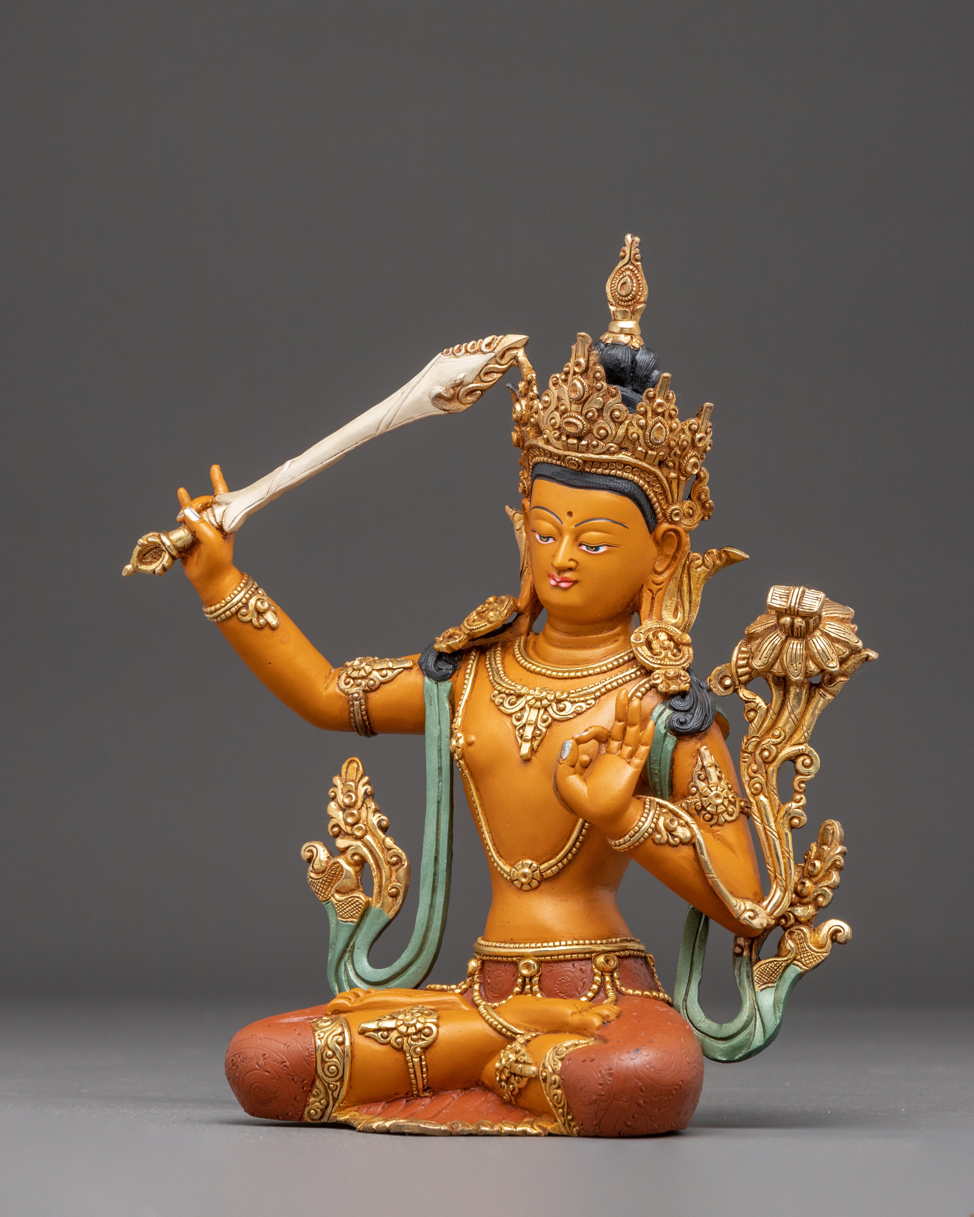 Handmade Golden Manjushri Art: Sword of Wisdom | Symbol of Insight