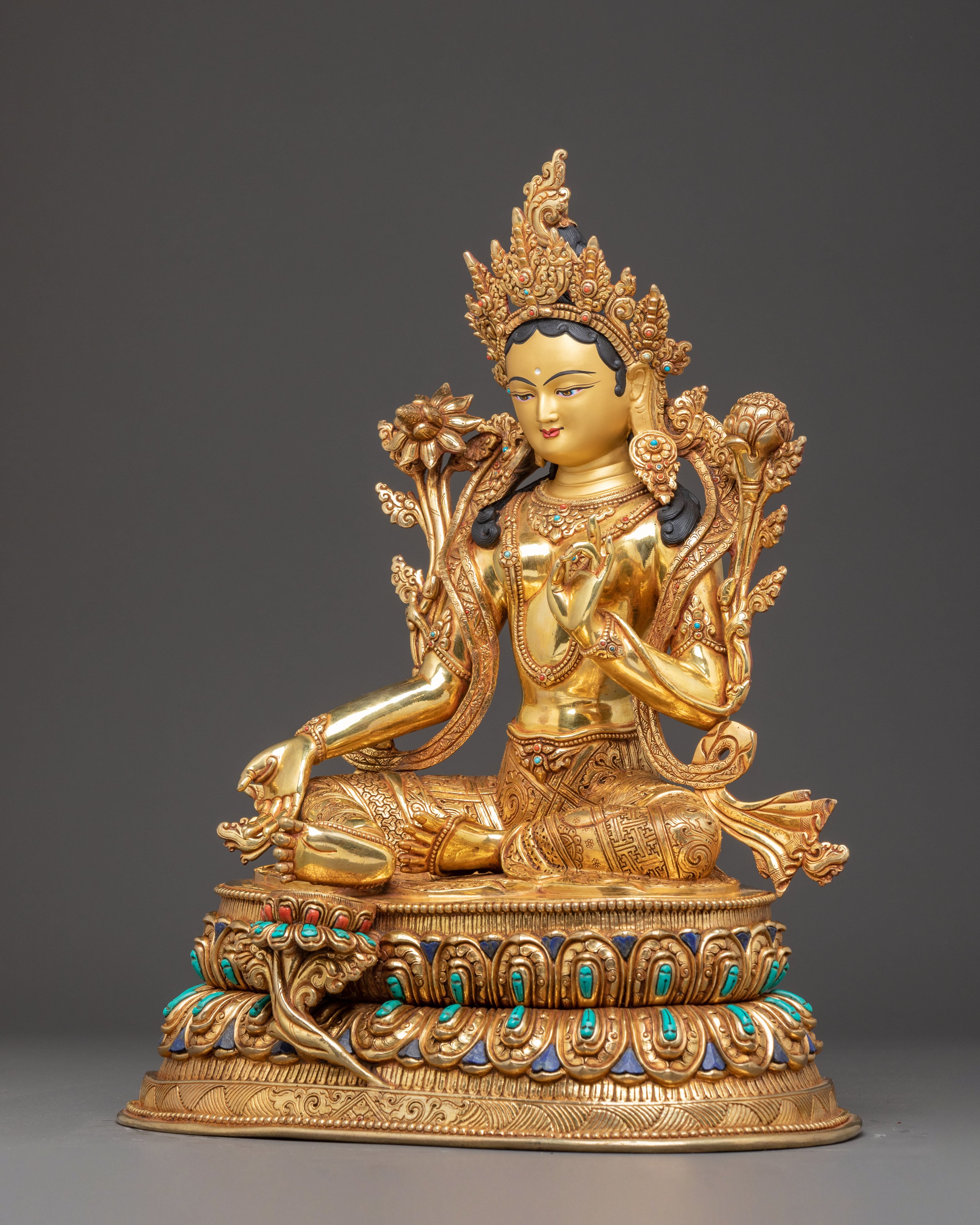 Handmade Golden Statue of Green Tara | Female Buddha of Compassion