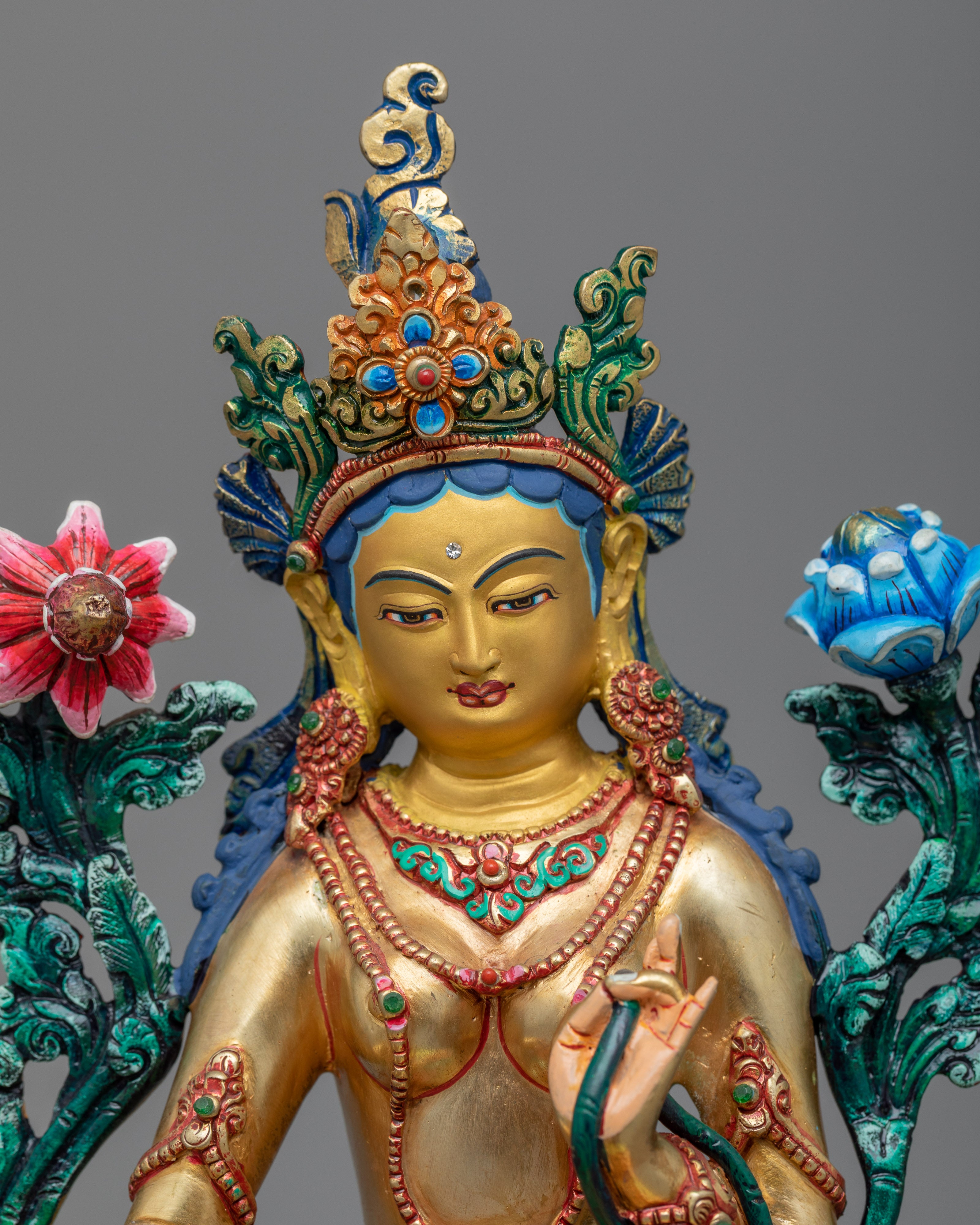 Evoke Compassionate Energy with Deity Tara Statue | Green Tara Gold Gilded Sculpture