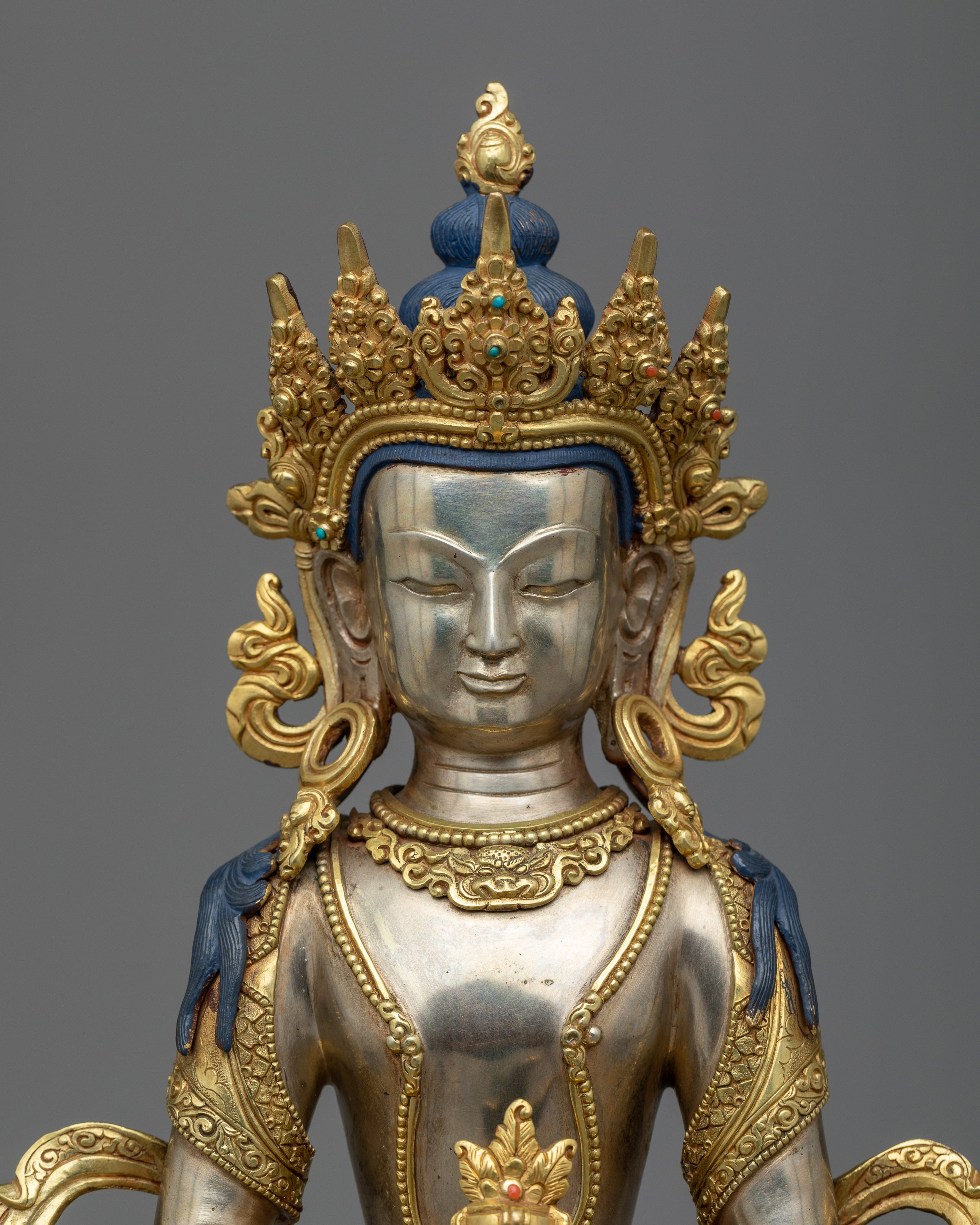 Amitayus Tibetan Buddha Statue |  Longevity and Wisdom in Silver and Gold