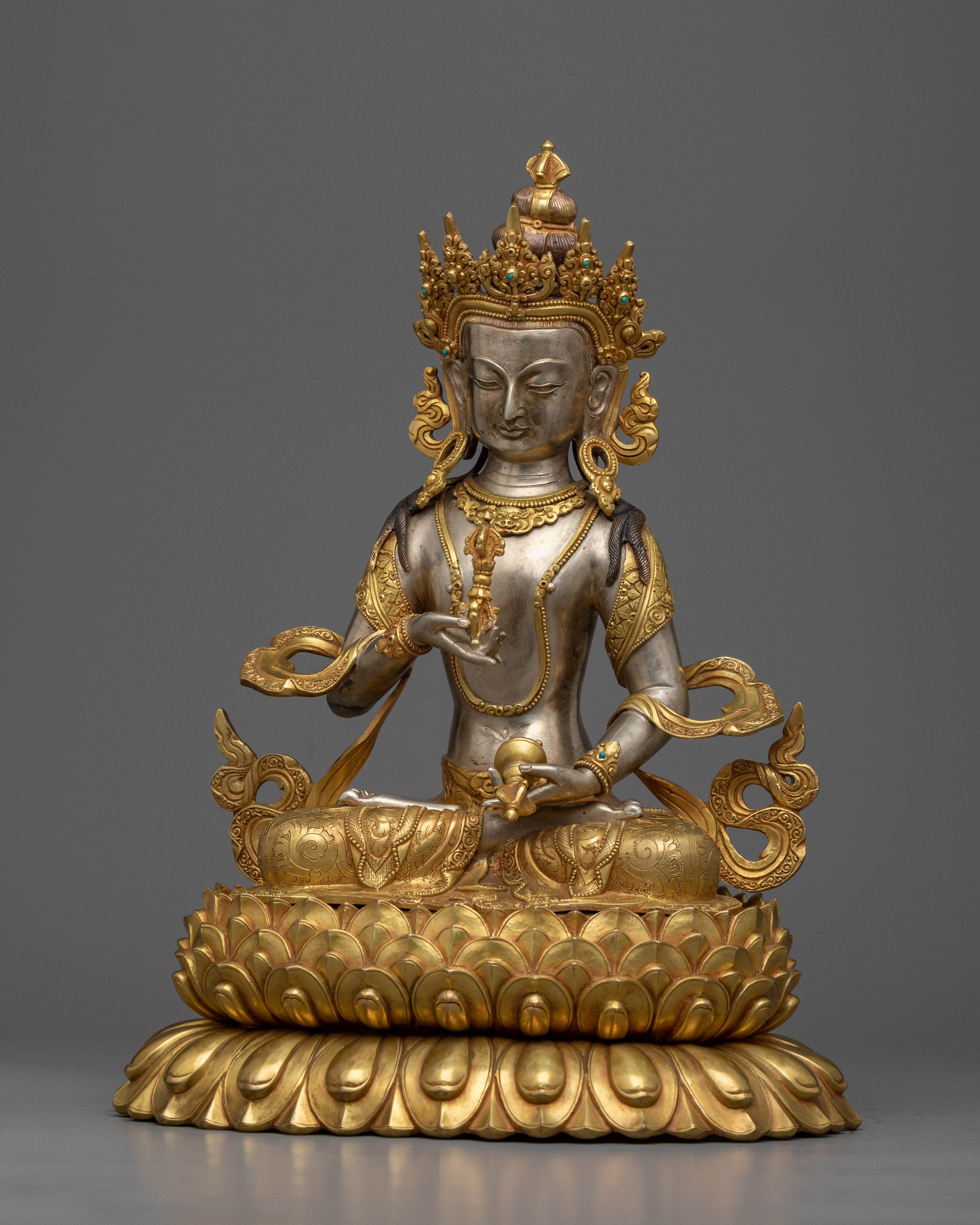 Vajrasattva Tibetan Statue | Spiritual Elegance in Silver and Gold