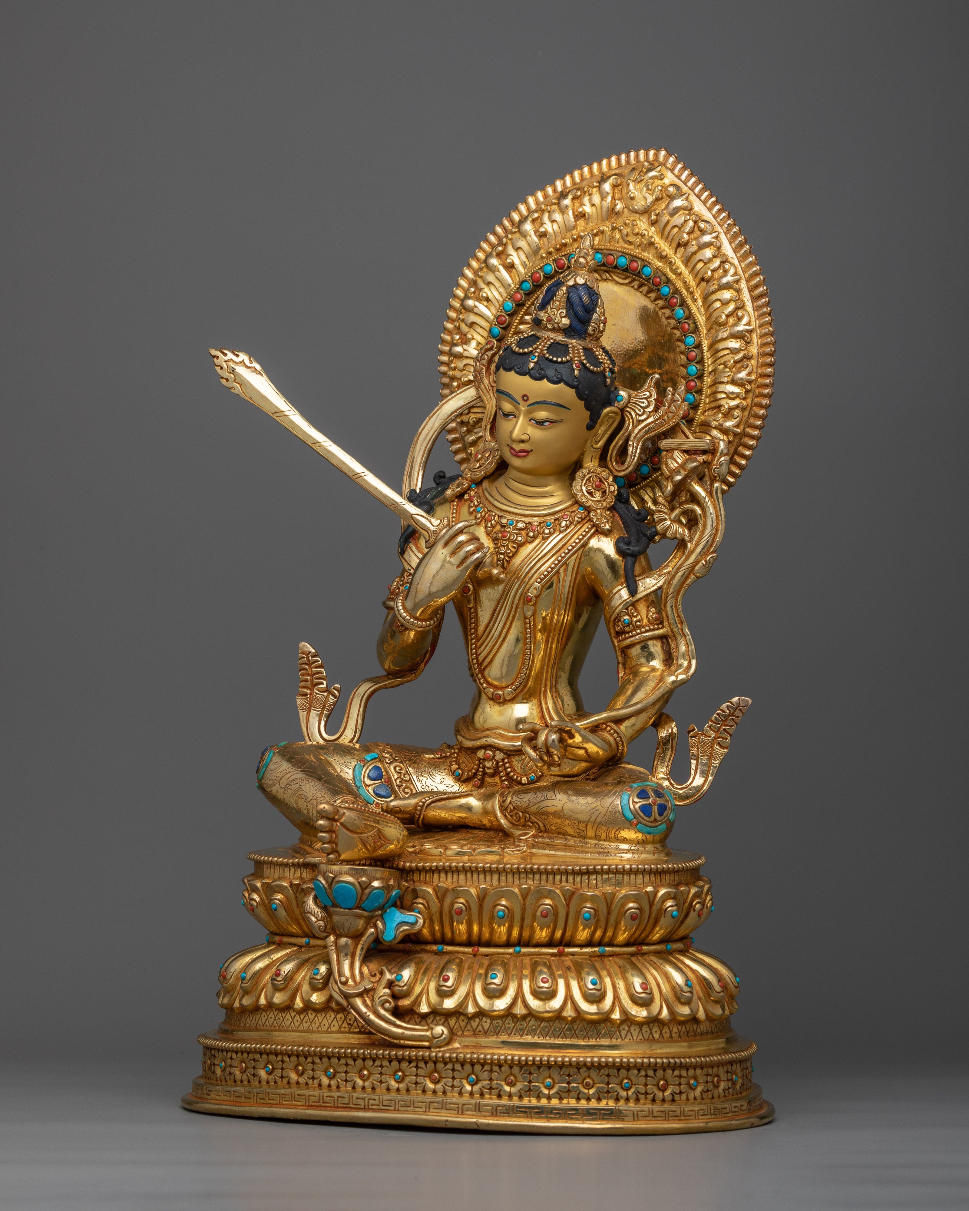 Monju Bosatsu in Nepalese Copper Art Depiction | Embrace Wisdom with Majestic Manjushri Statue