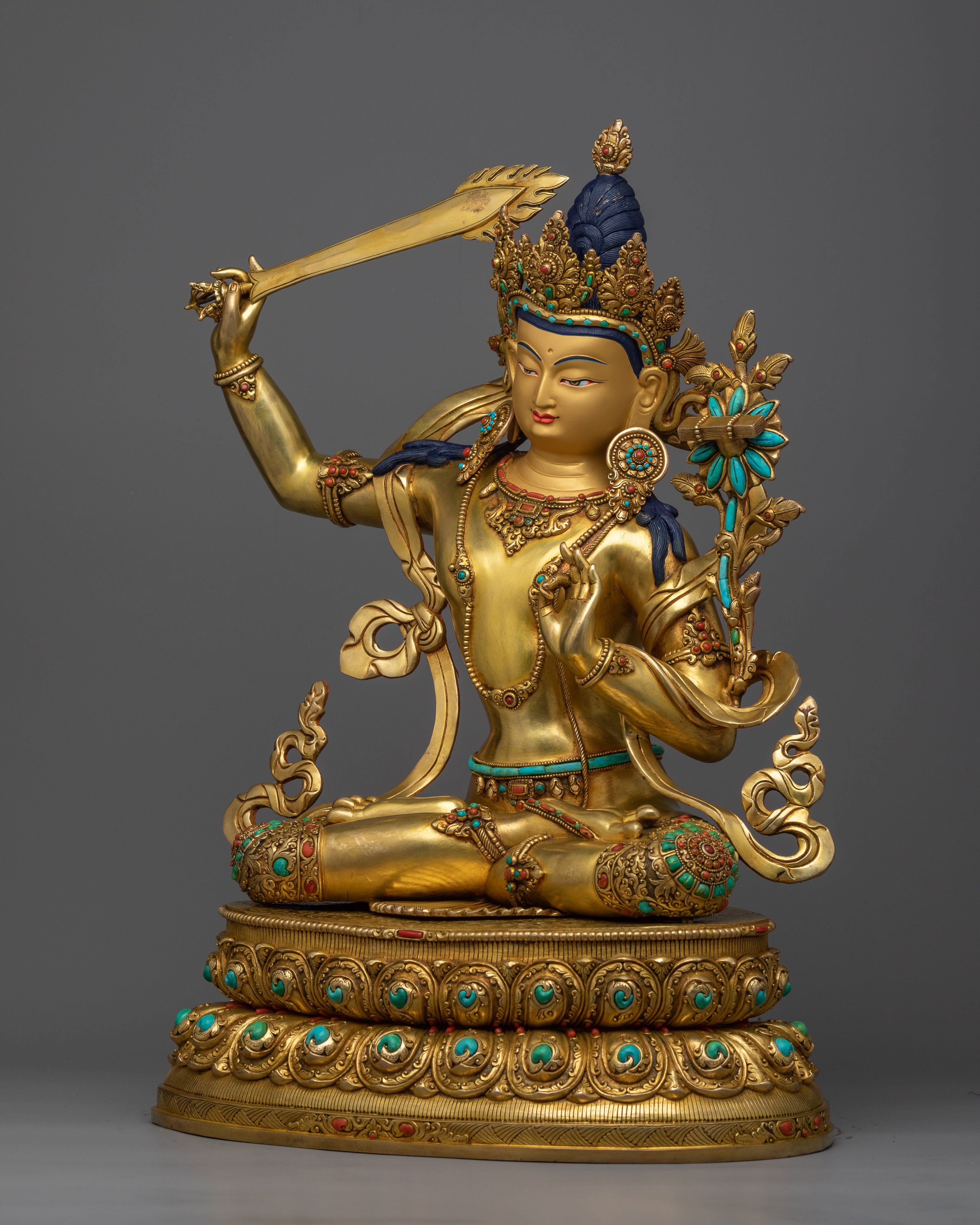 Manjushri Bodhisattva Gold Statue | Traditional Himalayan Art of Wisdom Deity