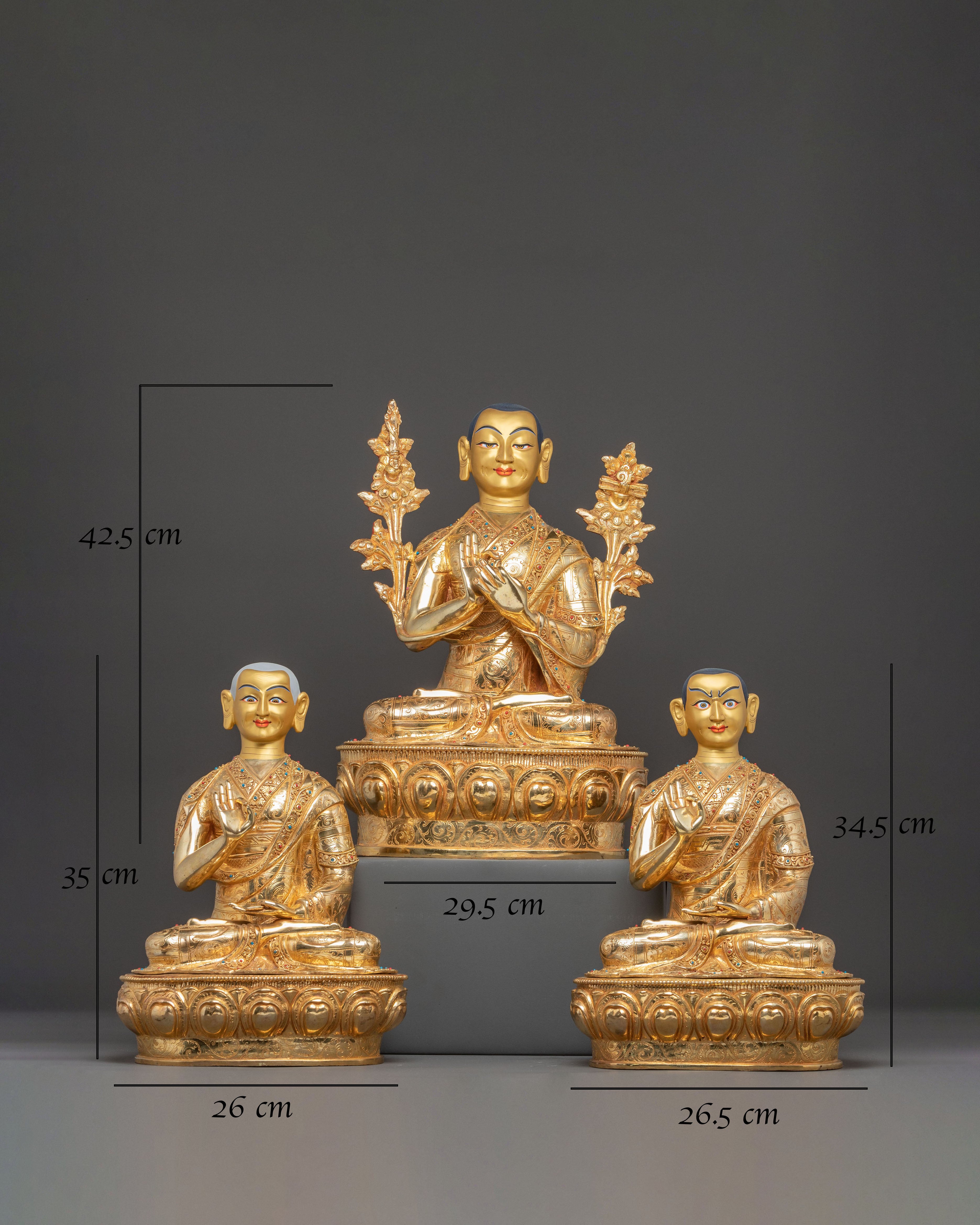 Handmade Tsongkhapa, Je Gyaltsab, and Je Khedrup Statues Set
