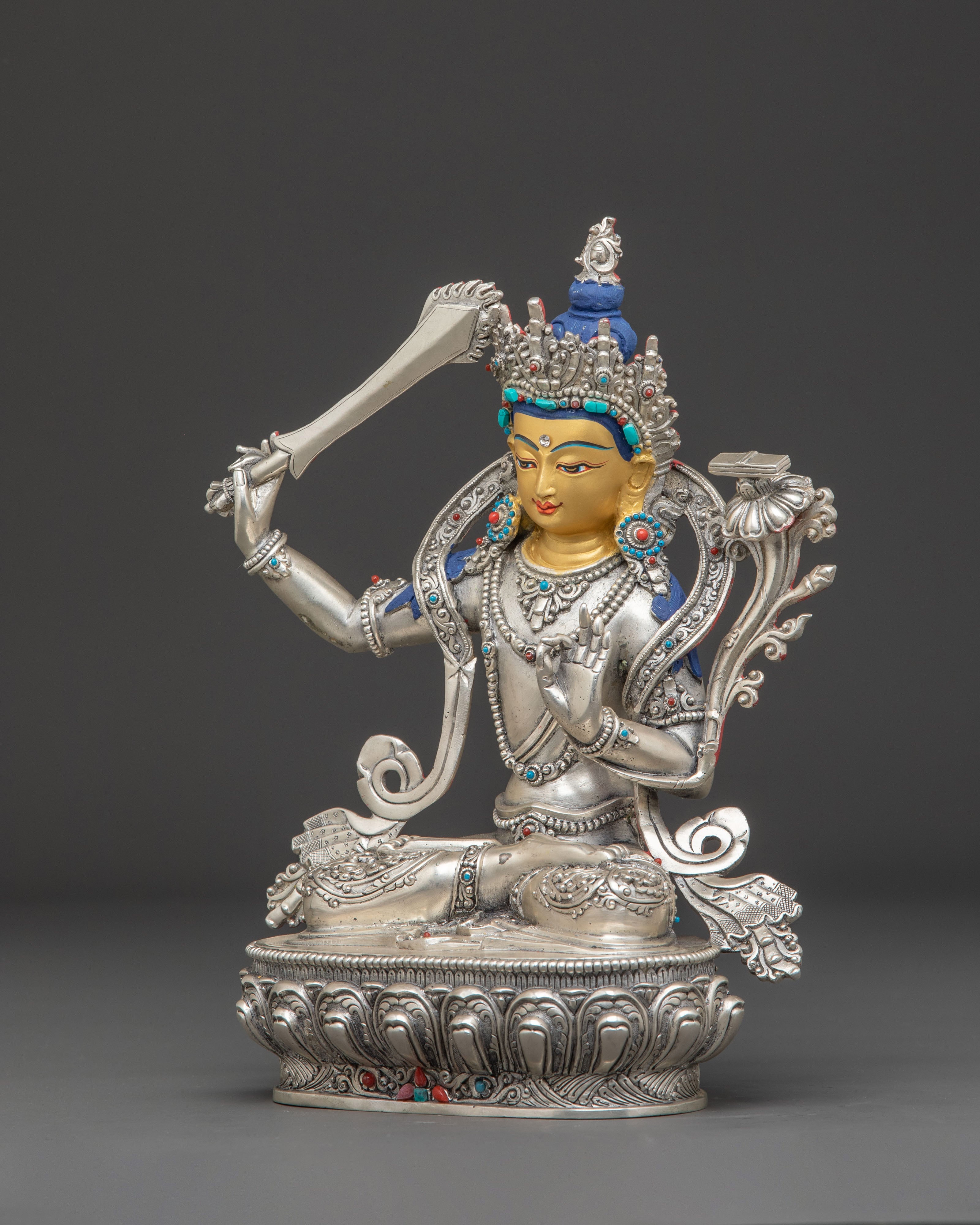 Silver Manjushri Statue: Bodhisattva of Insight | Traditional Himalayan Art