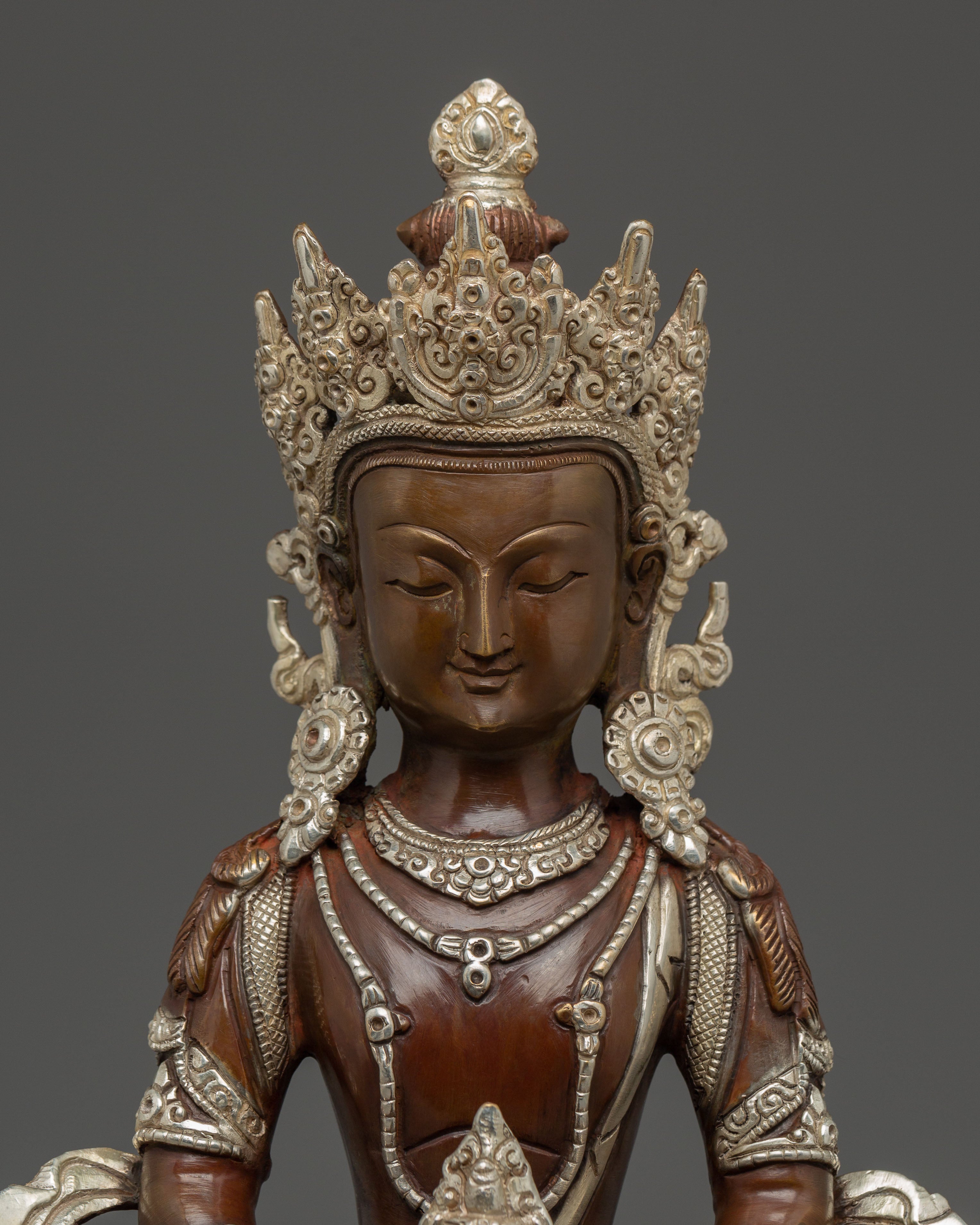 Silver-Plated Oxidized Statue of Healing Buddha Amitayus | Longevity Symbol