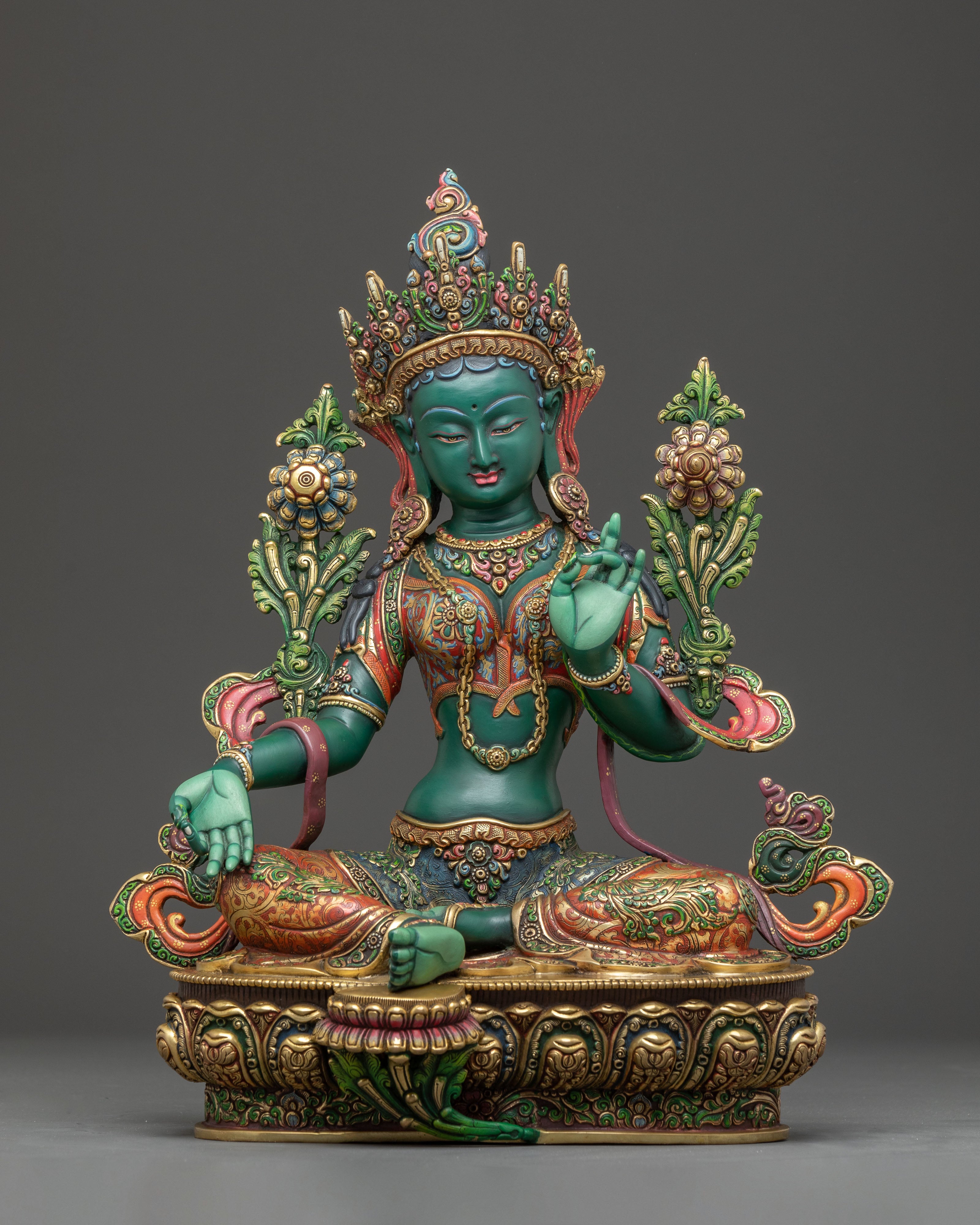 Colourful Green Tara Copper Statue | Compassion Goddess