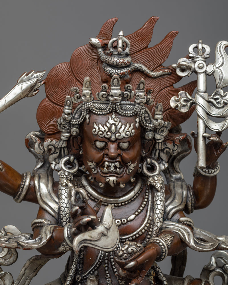 Silver Plated Four Armed Mahakala Statue | Wrathful Protector Deity