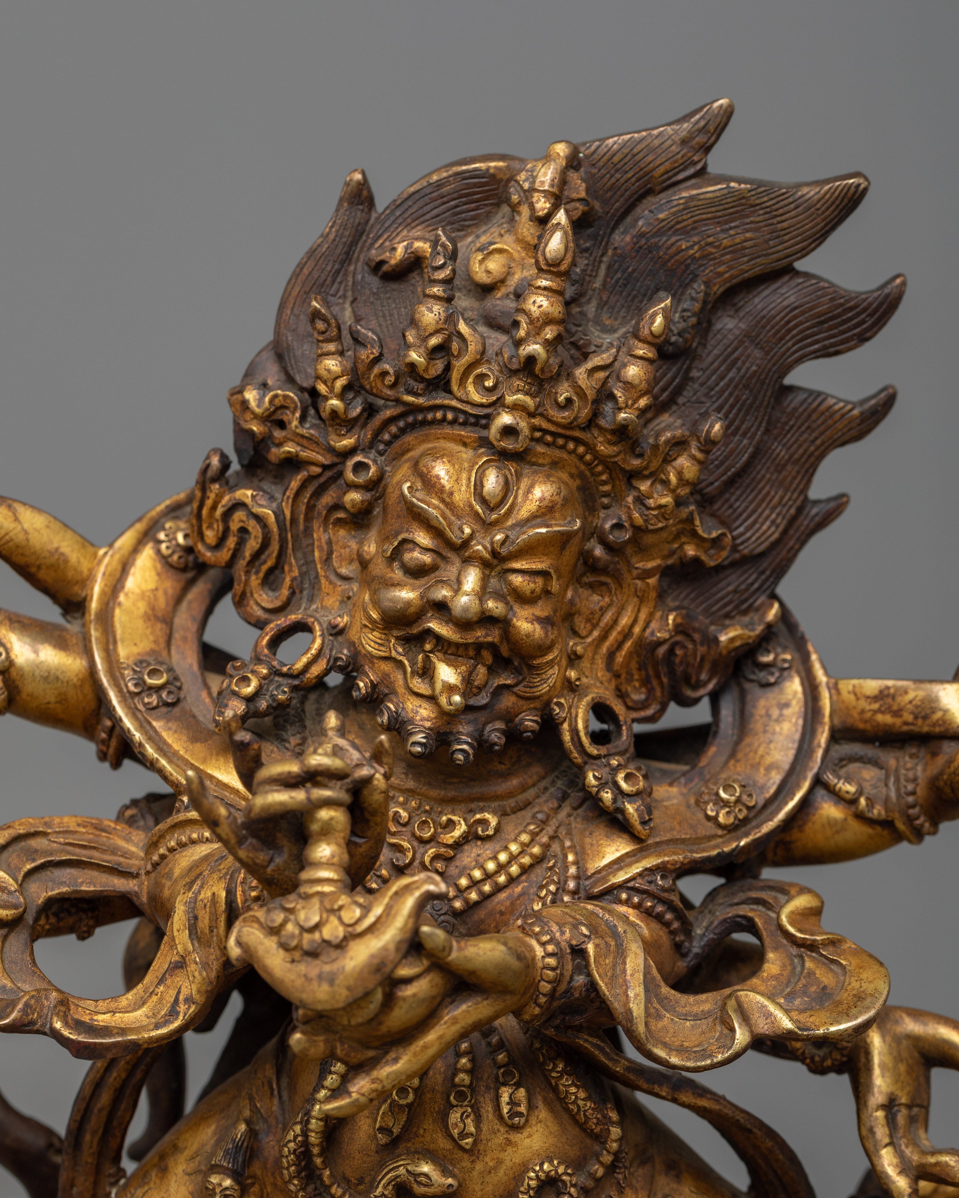Six Armed Mahakala Antique Finish Statue | Handmade 24k Gold Gilded Artwork