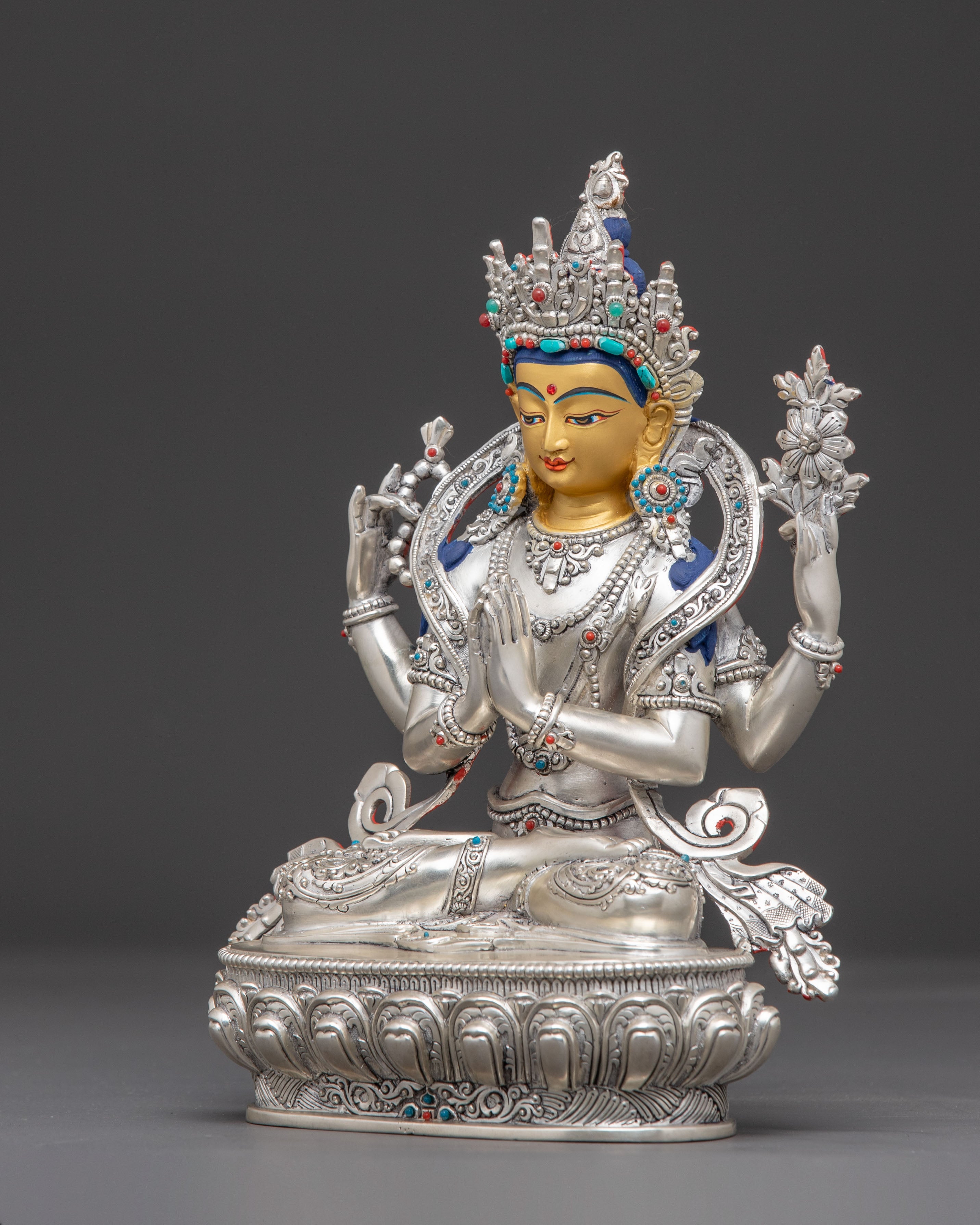 Silver Chenrezig Statue: Bodhisattva of Compassion