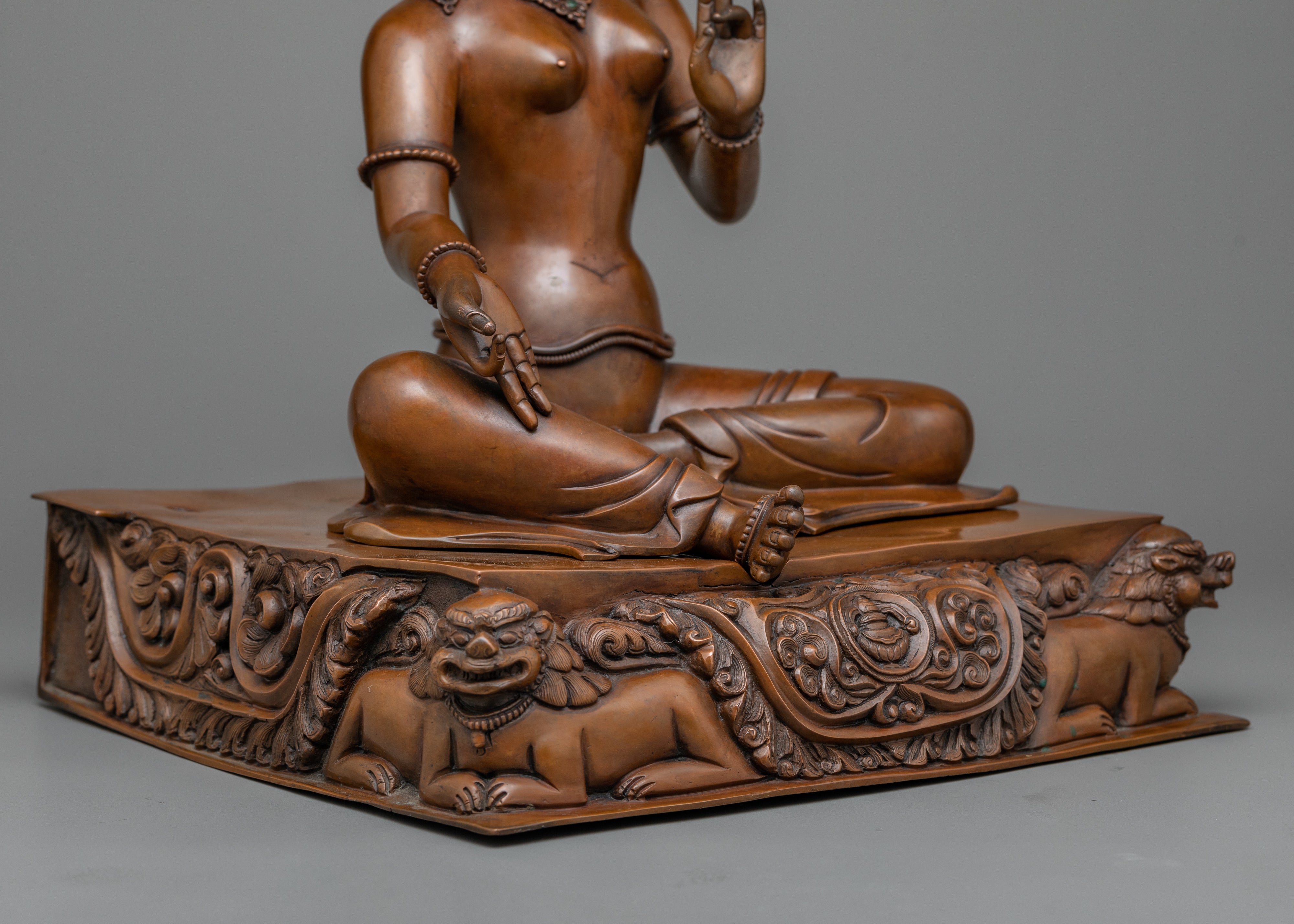 Green Tara on Throne Statue | Handmade Copper Body Sculpture