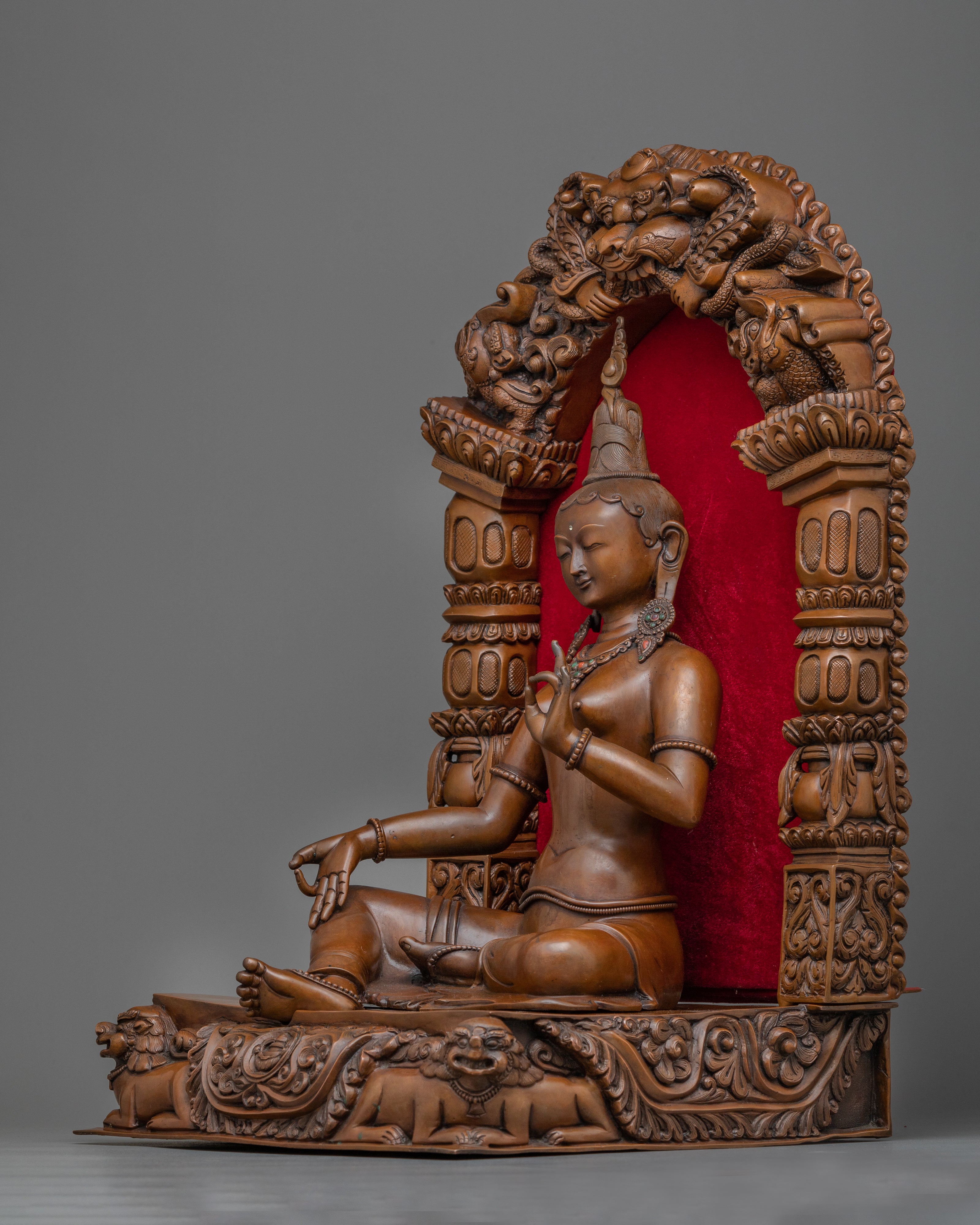 Green Tara on Throne Statue | Handmade Copper Body Sculpture