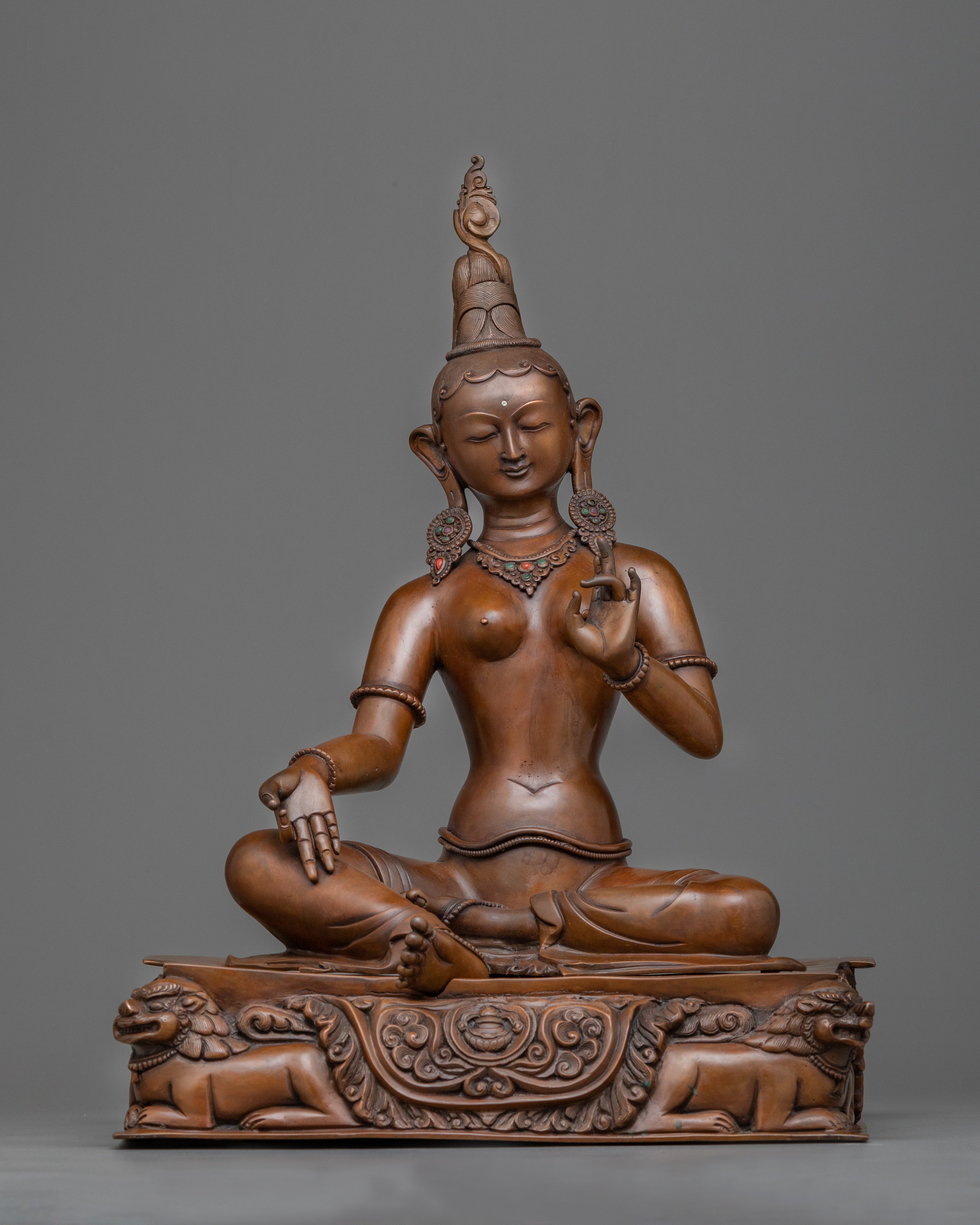 Green Tara on Throne Statue | Handmade Copper Body Sculpture
