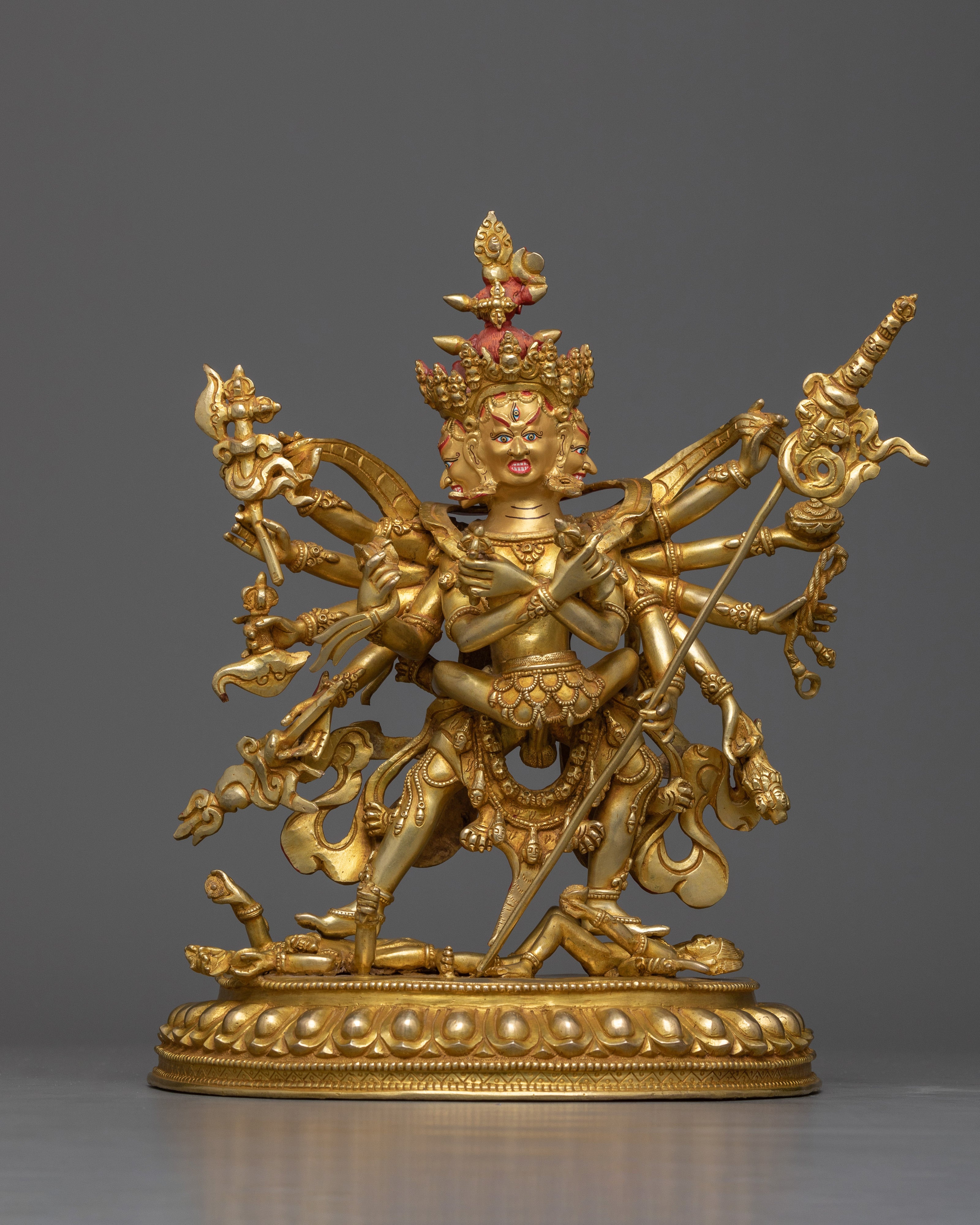 Majestic 12-Armed Chakrasamvara Copper Statue | 24K Gold Gilded Sculpture