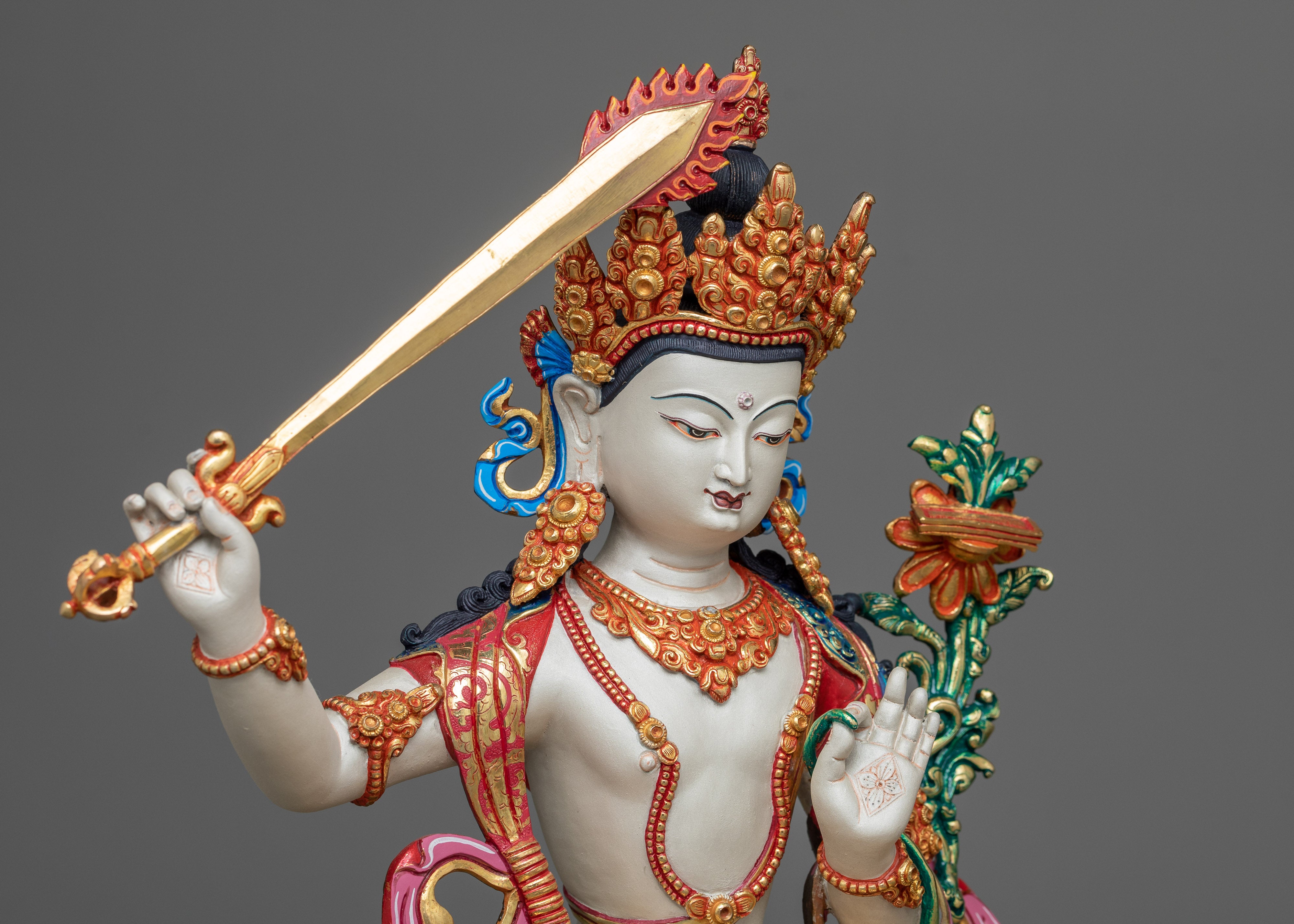 Tibetan Manjushri Statue | 24K Gold Gilded Touch with White Finish