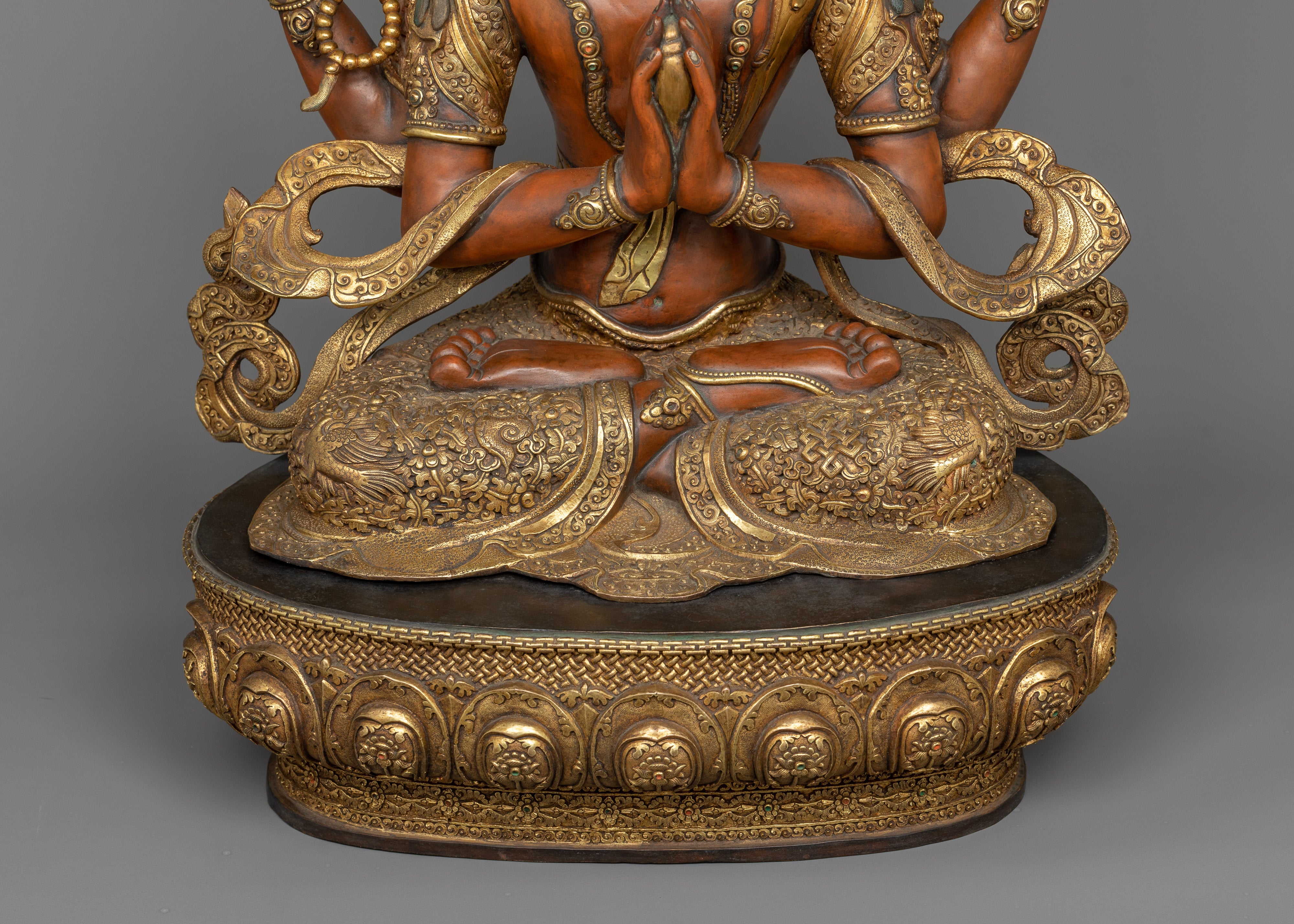 Antique-Finished Red Chenrezig Statue | Himalayan Buddhist Sculpture