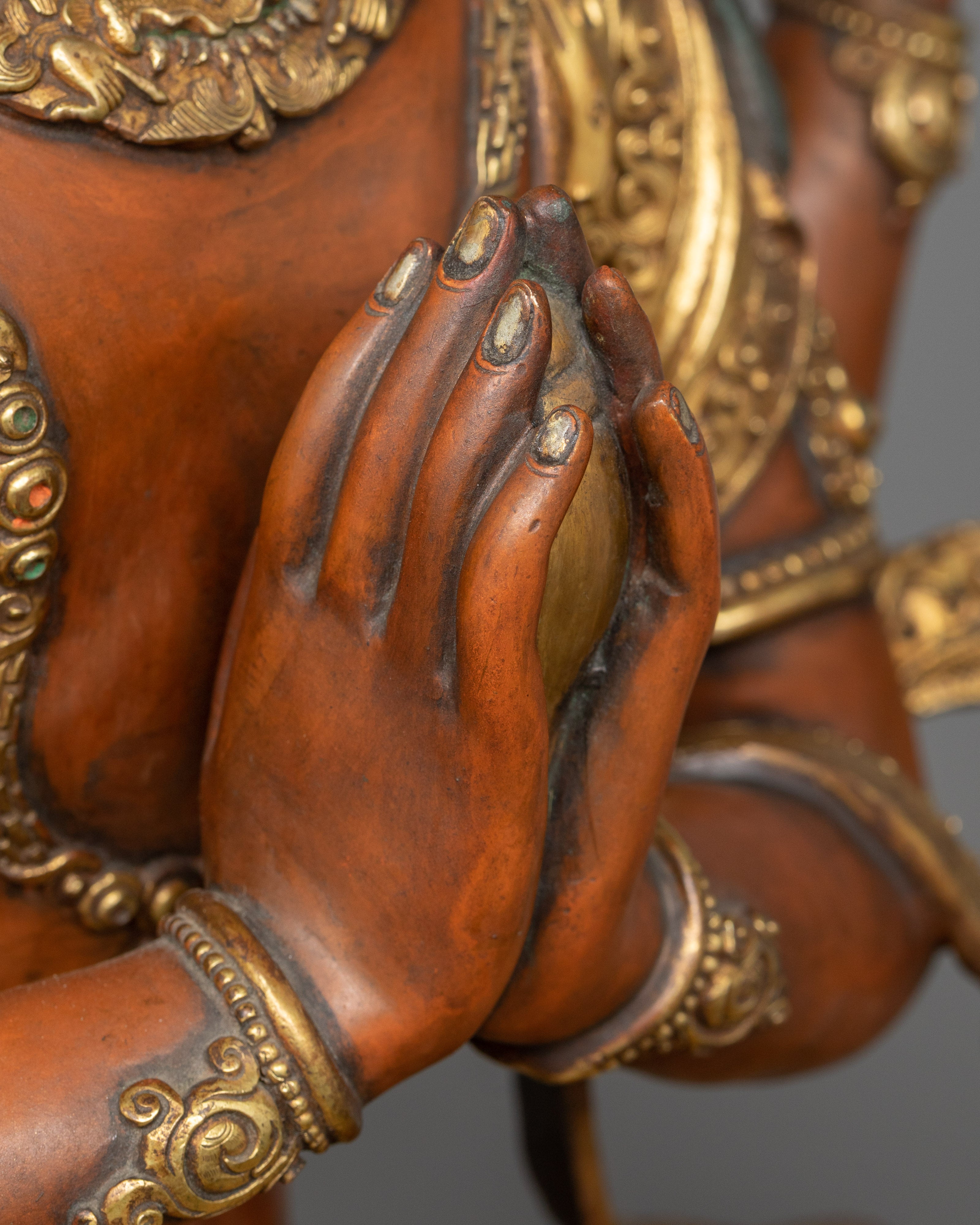 Antique-Finished Red Chenrezig Statue | Himalayan Buddhist Sculpture