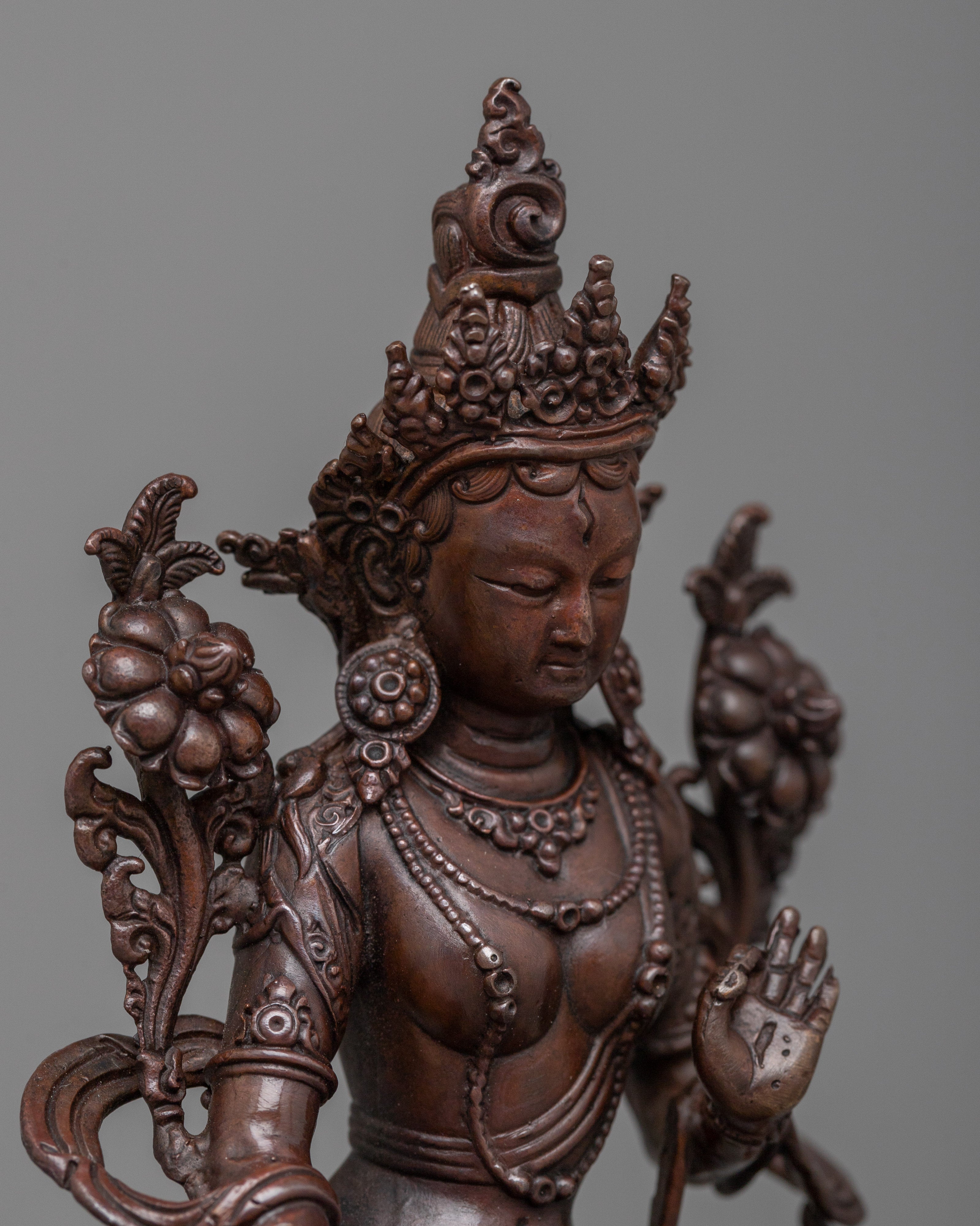 Machine-Made White Tara Statue | A Compact Oxidized Copper Symbol of Healing and Longevity