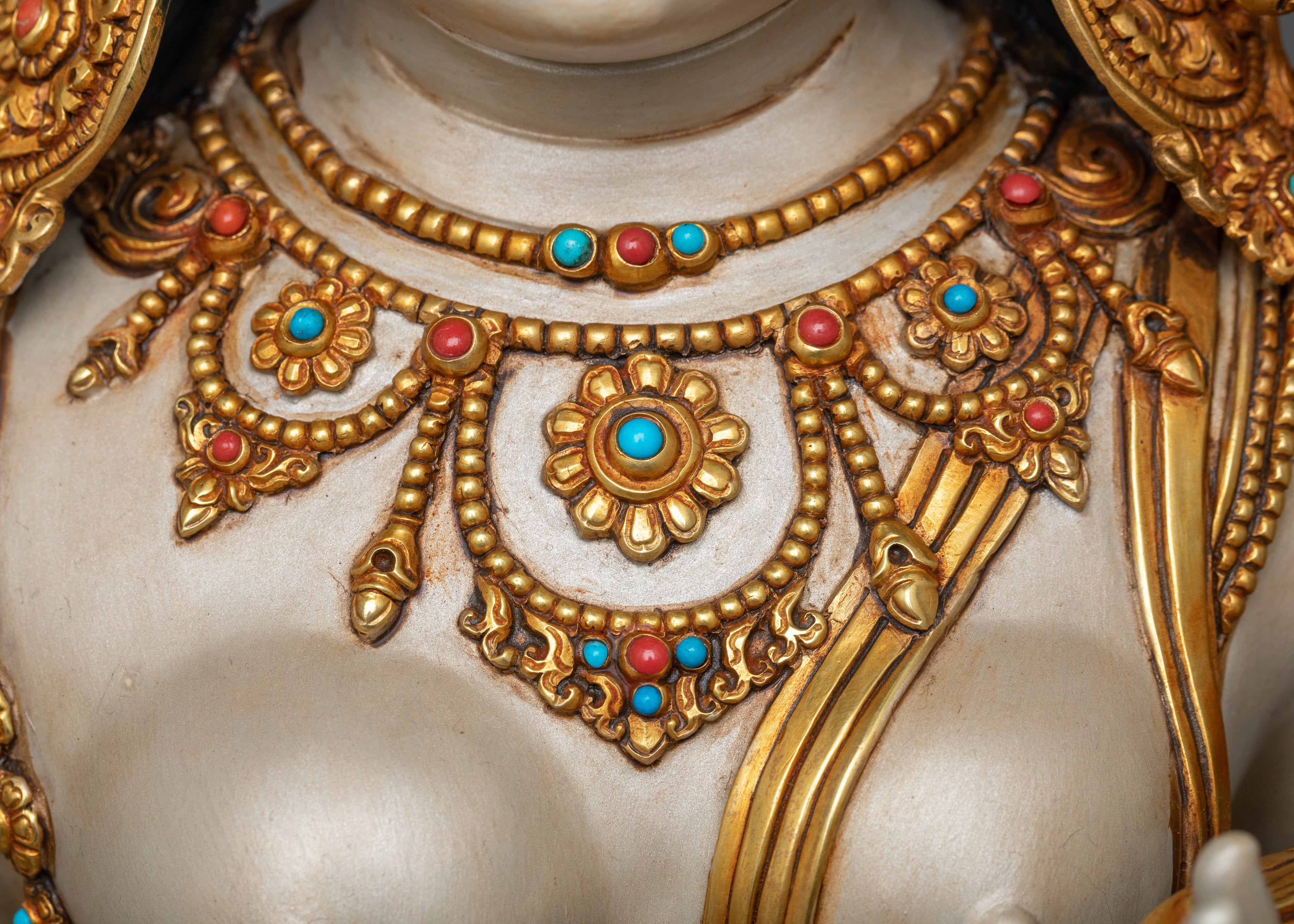 Divine White Tara Painted Sculpture | Antique Gold Gilded Radiance