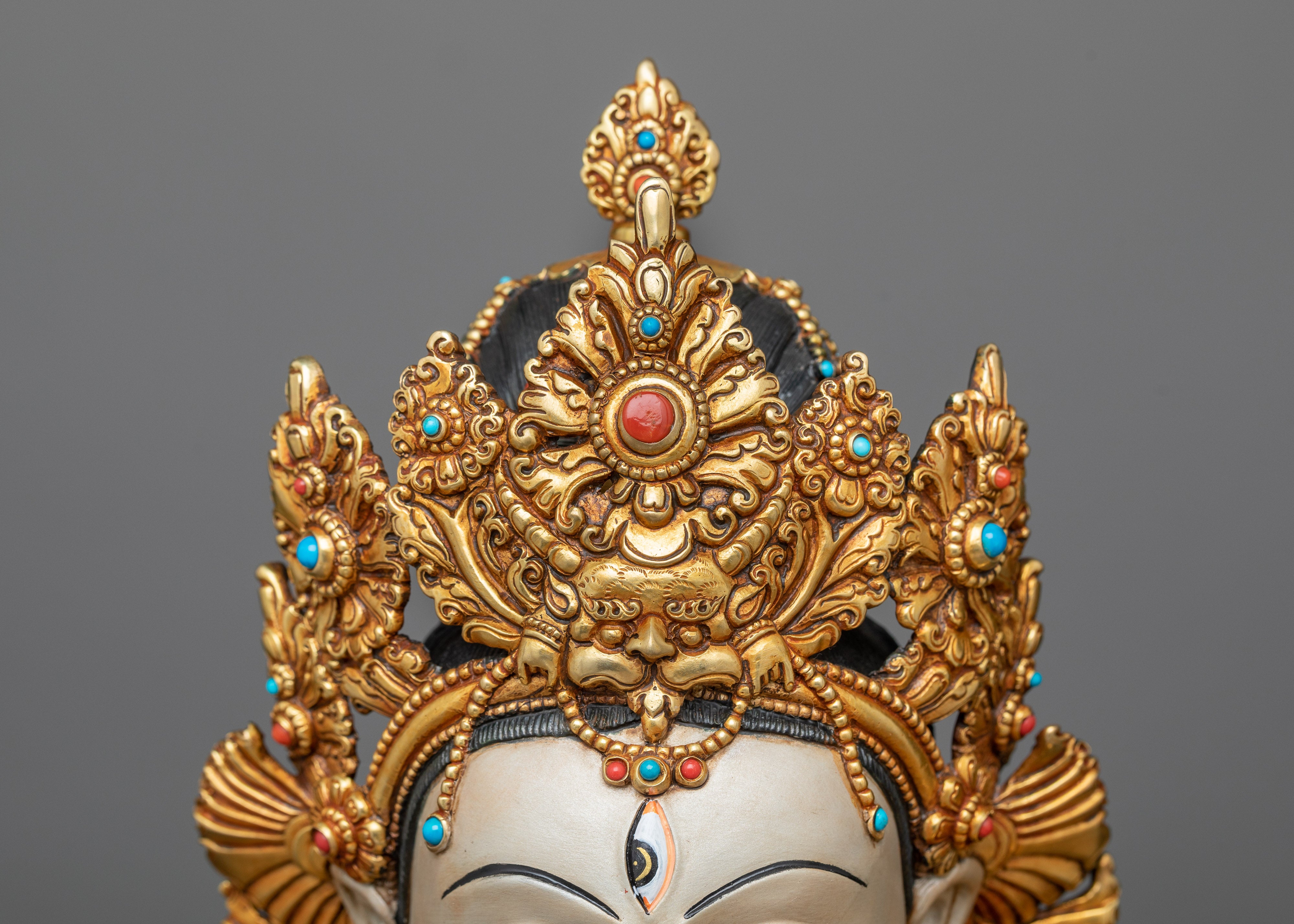 Divine White Tara Painted Sculpture | Antique Gold Gilded Radiance