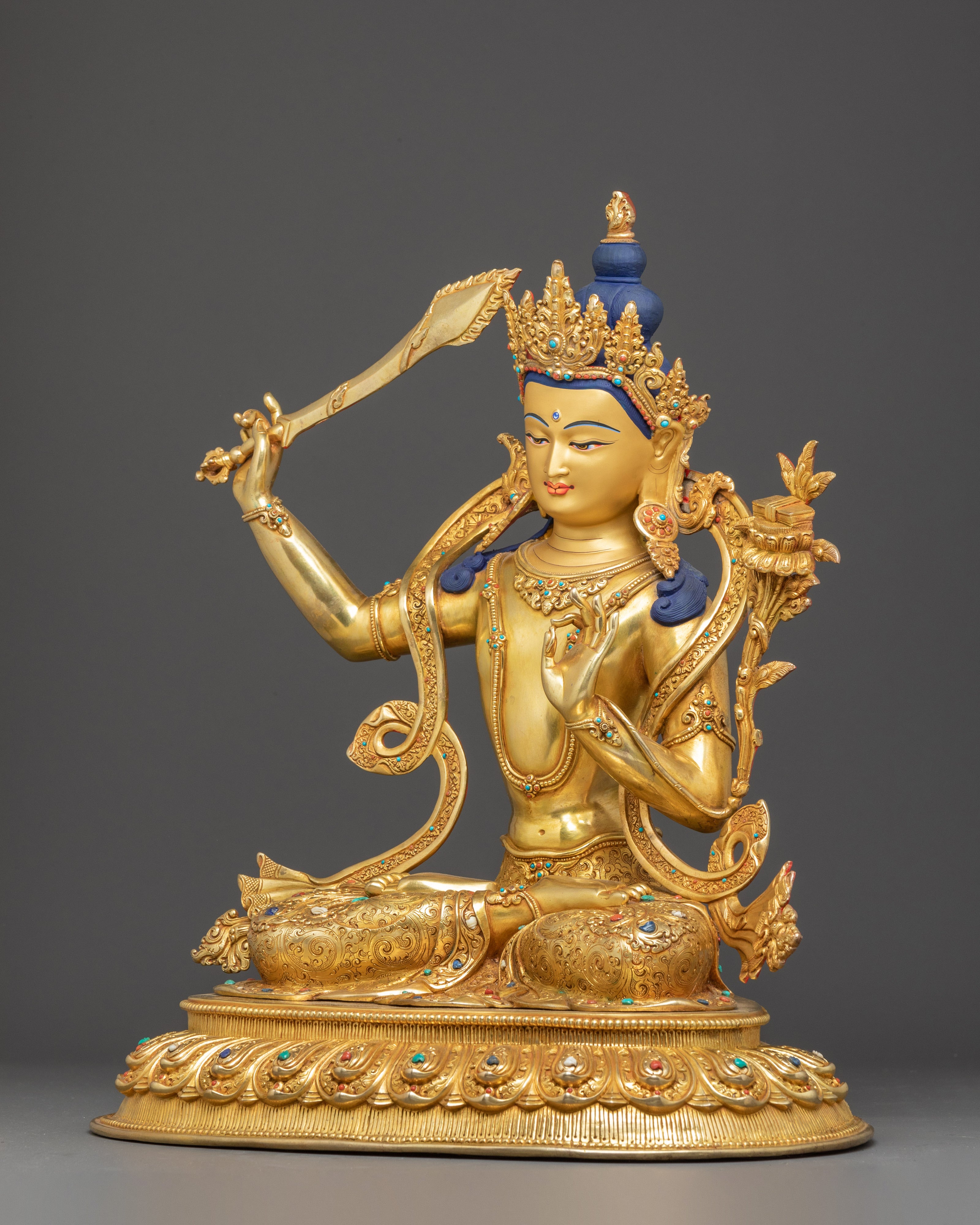 Handcrafted Copper Statue of Bodhisattva Manjushri | Buddhist Spiritual Decor