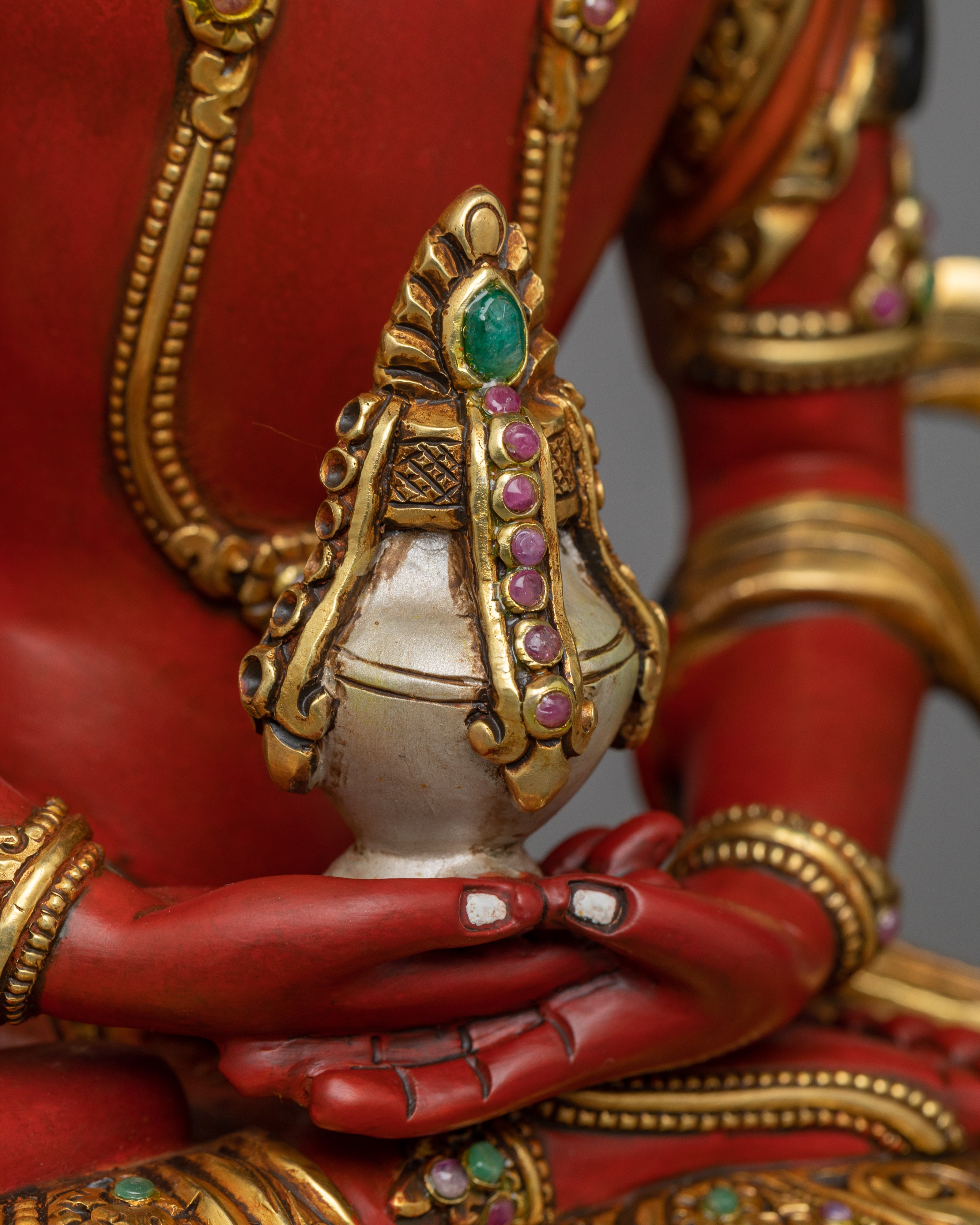 Red Amitayus Sculpture | 24K Gold Gilded Icon of Longevity