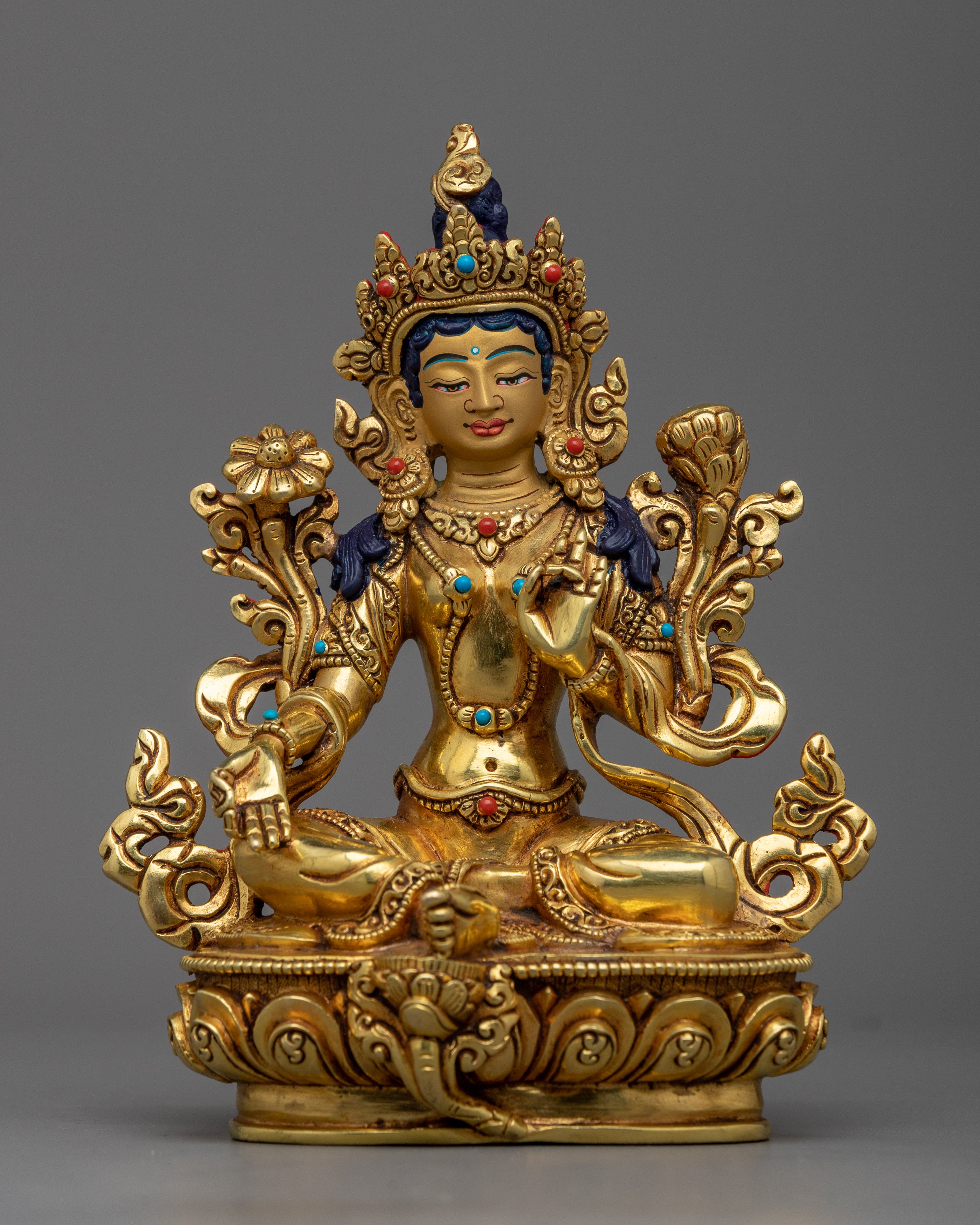 Noble Green Tara Statue | 24K Gold Gilded Emblem of Compassion