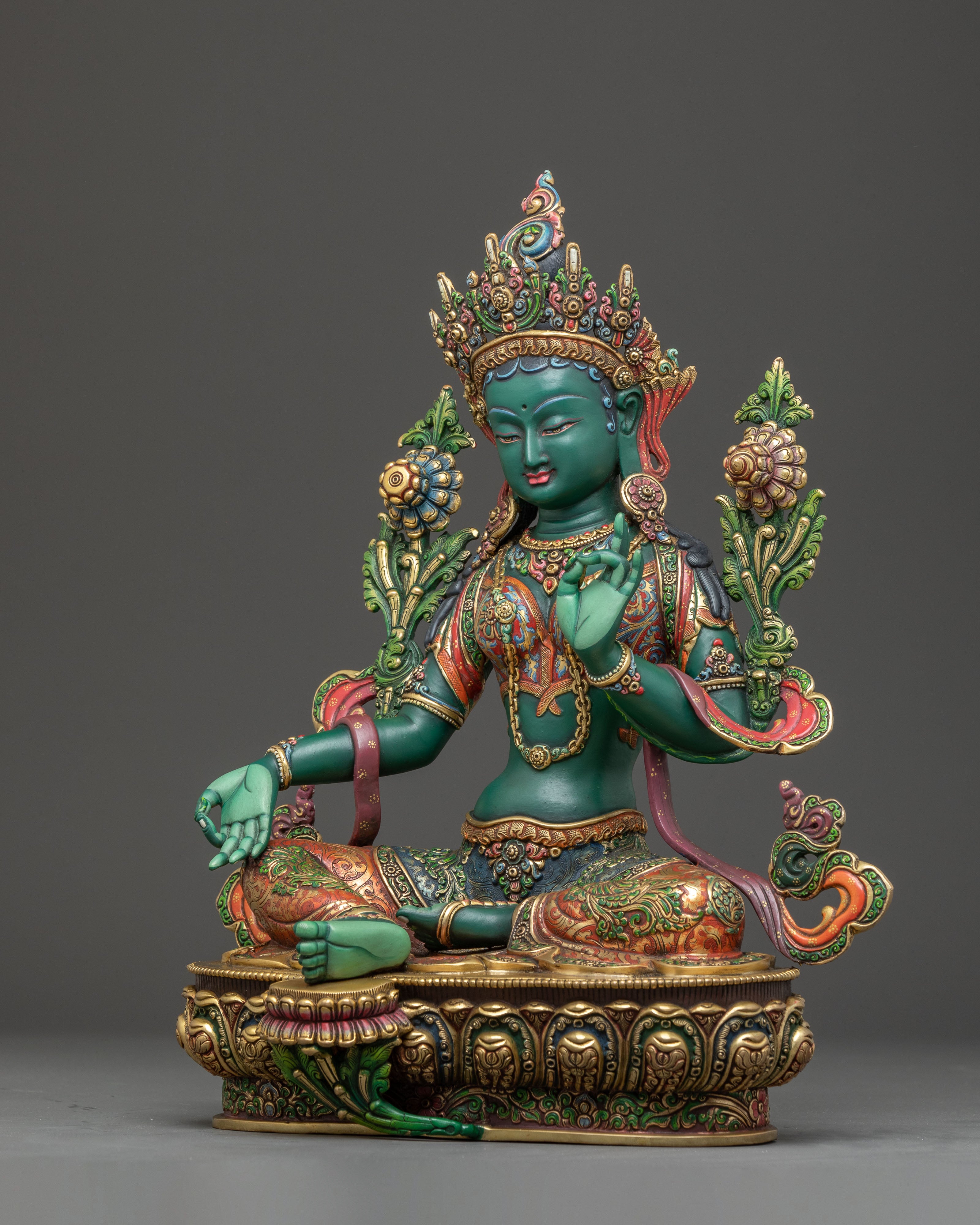 Colourful Green Tara Copper Statue | Compassion Goddess