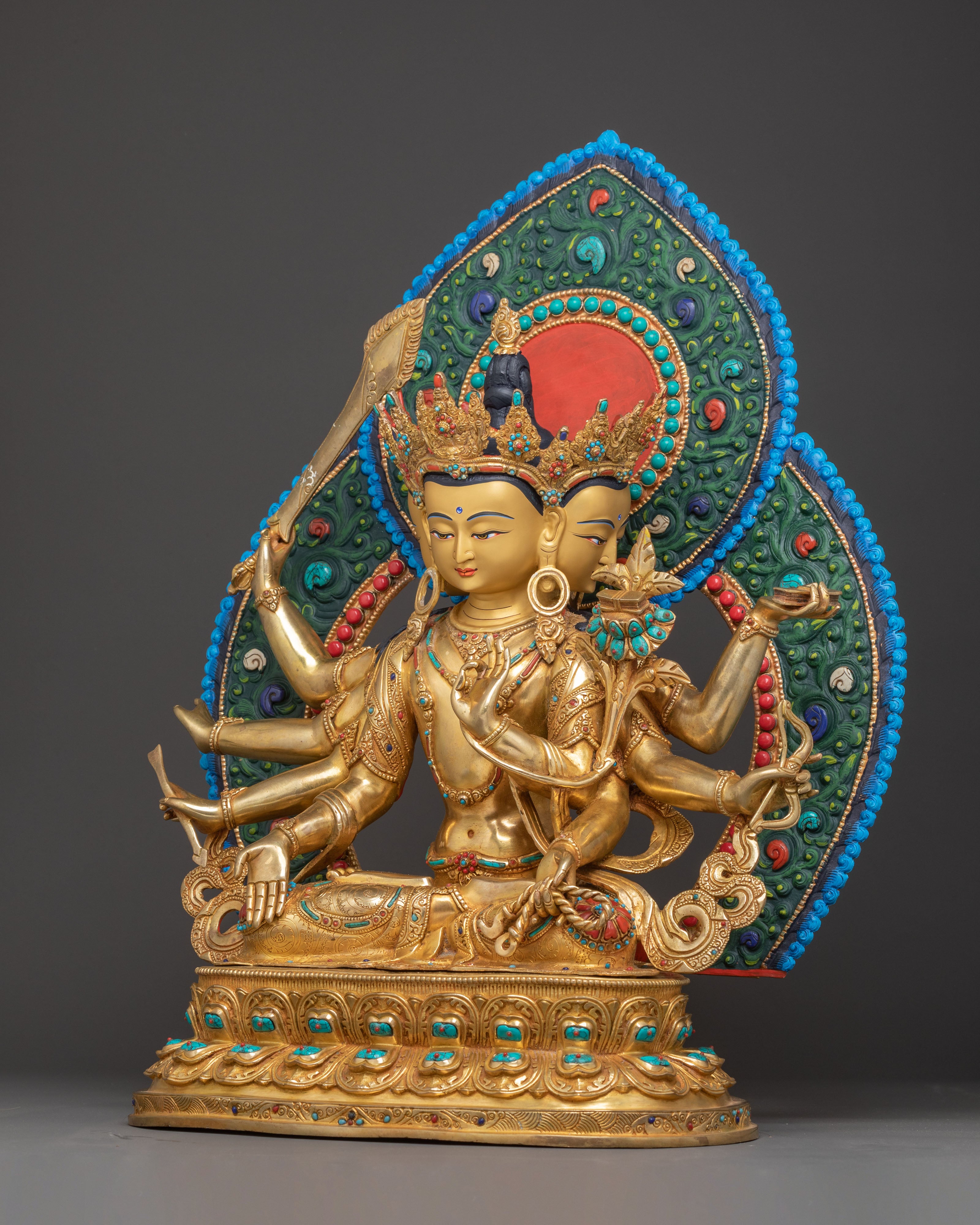Handcrafted Statue of Wisdom Icon Maha Manjushri | Gold Gilded Copper Sculpture