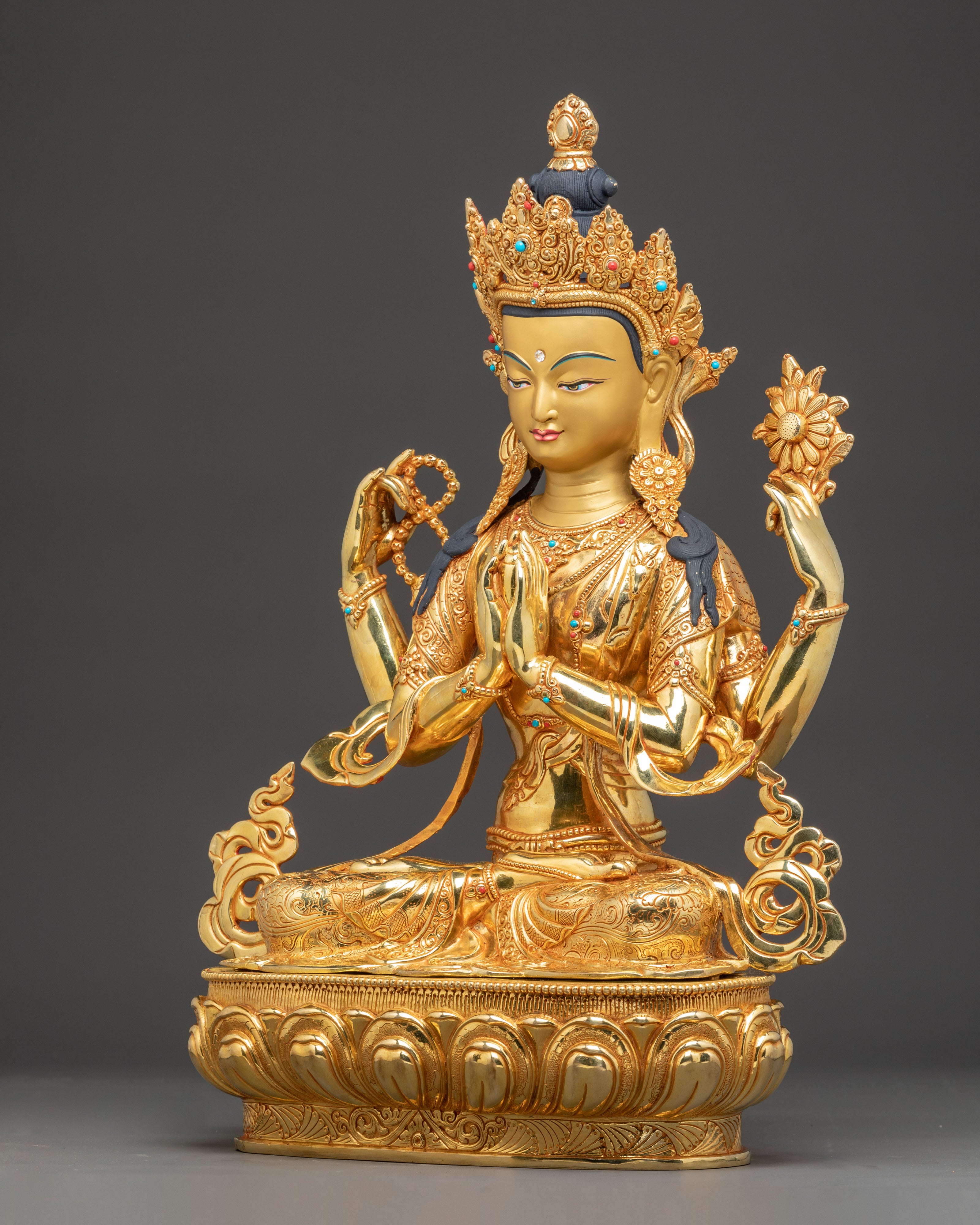 Handmade Golden Statue of Four-Armed Chenrezig