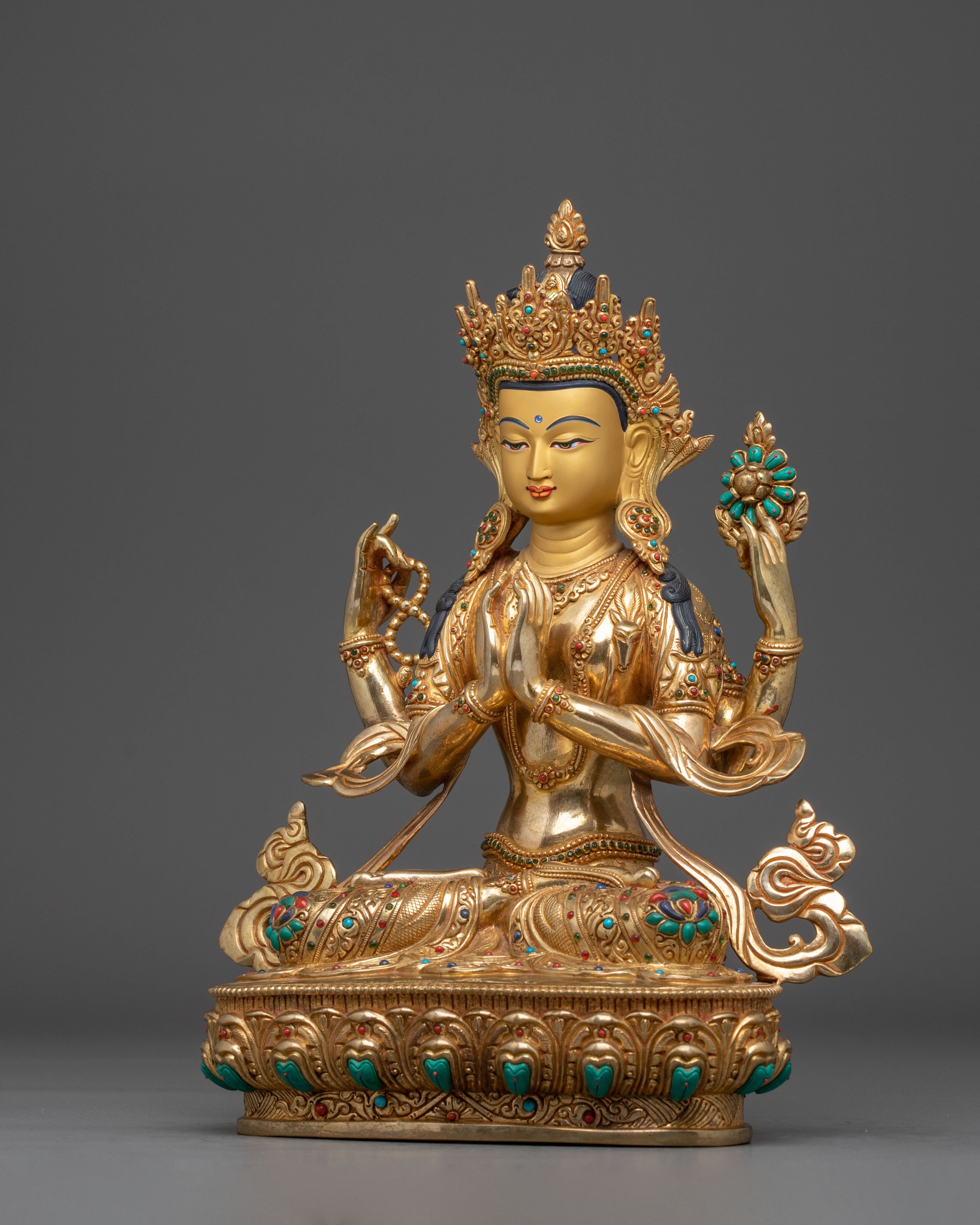 Golden Chenrezig Statue: Symbol of Compassion | Avalokiteshvara Figurine