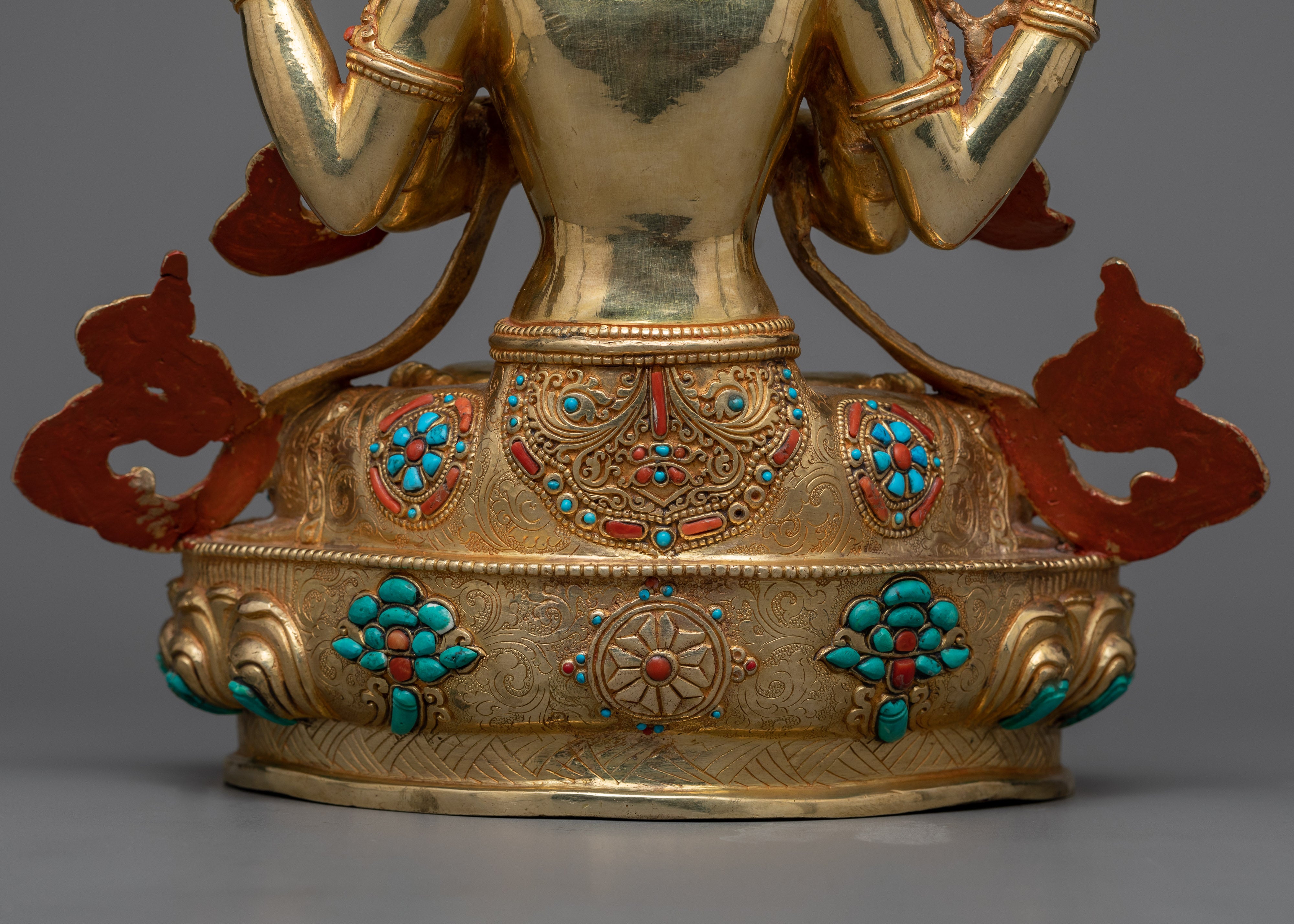 Divine 4-Arm Chenrezig Gold Gilded Statue | Embodiment of Compassion