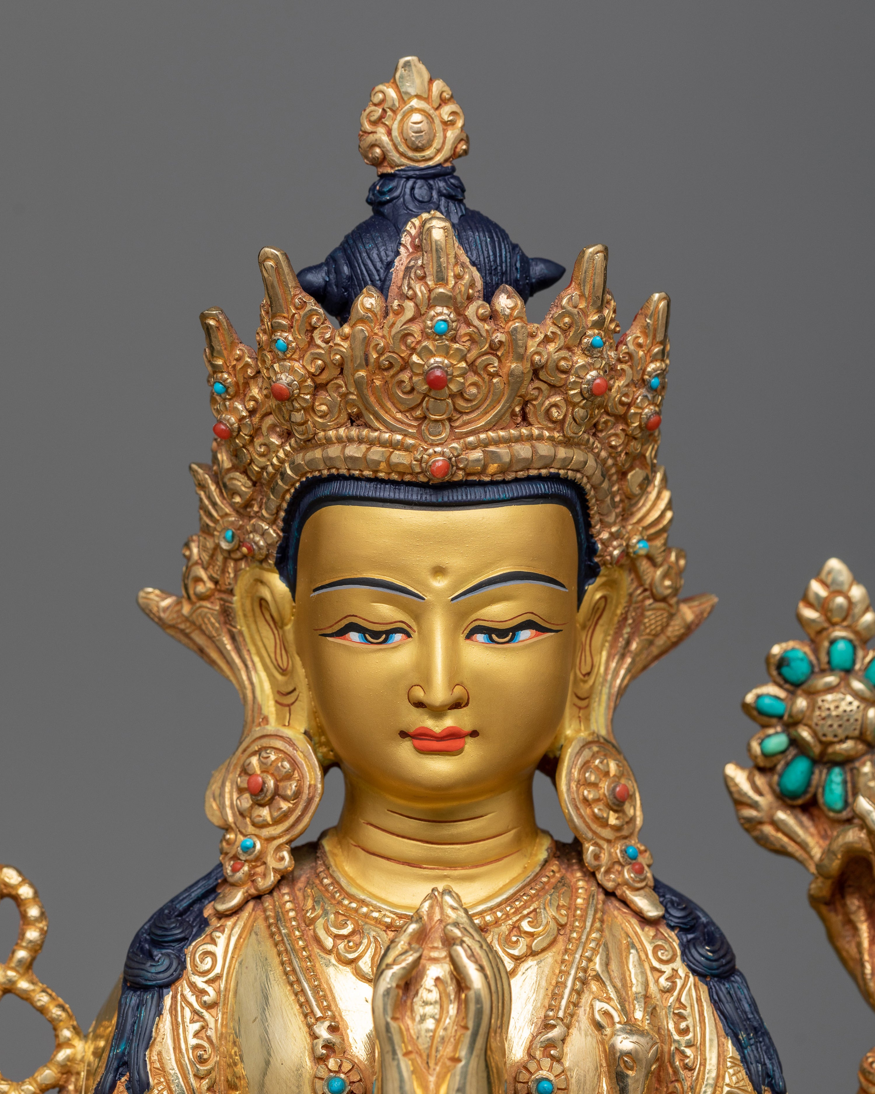 Divine 4-Arm Chenrezig Gold Gilded Statue | Embodiment of Compassion