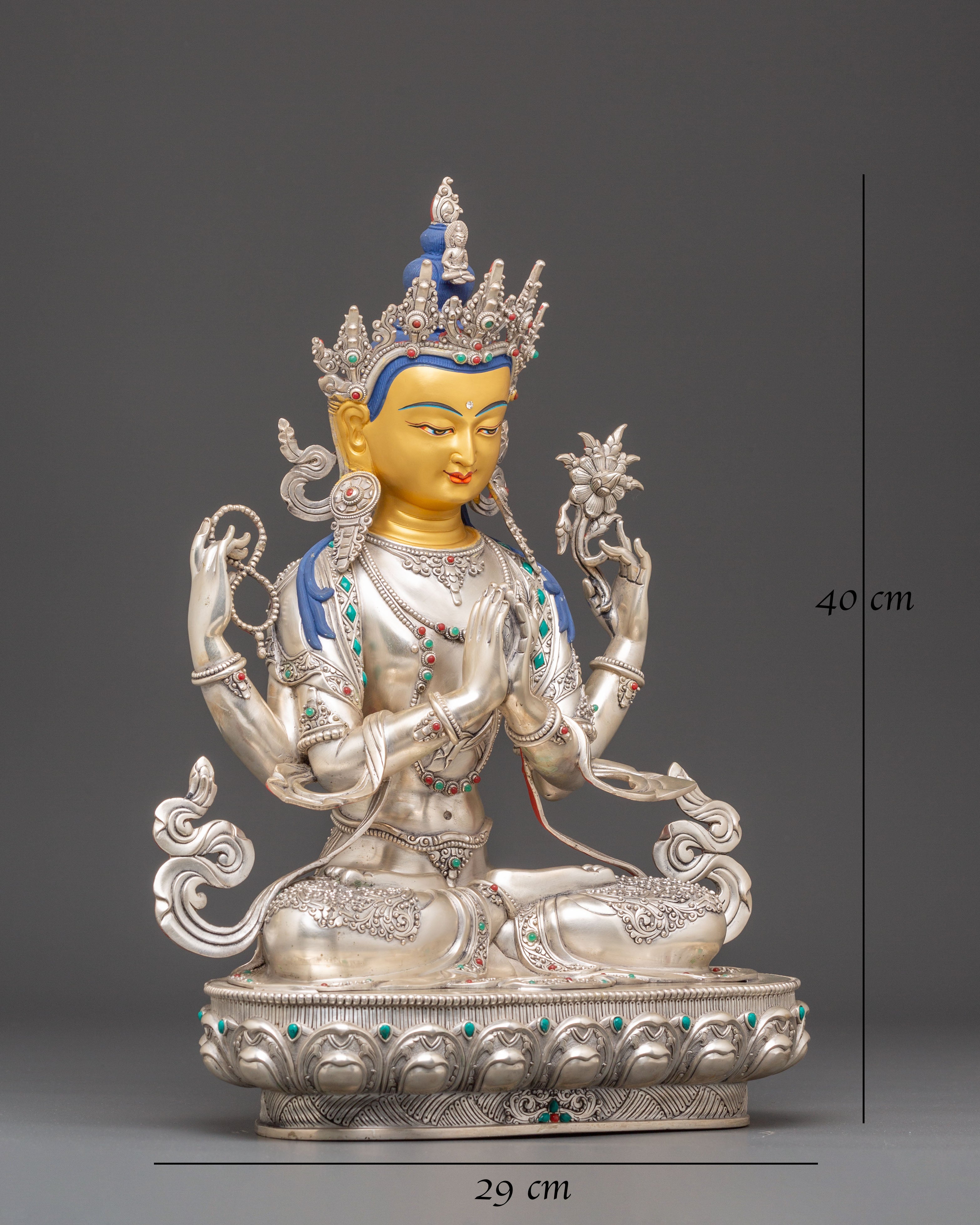 Handmade Silver Chenrezig Statue | Protector of Beings
