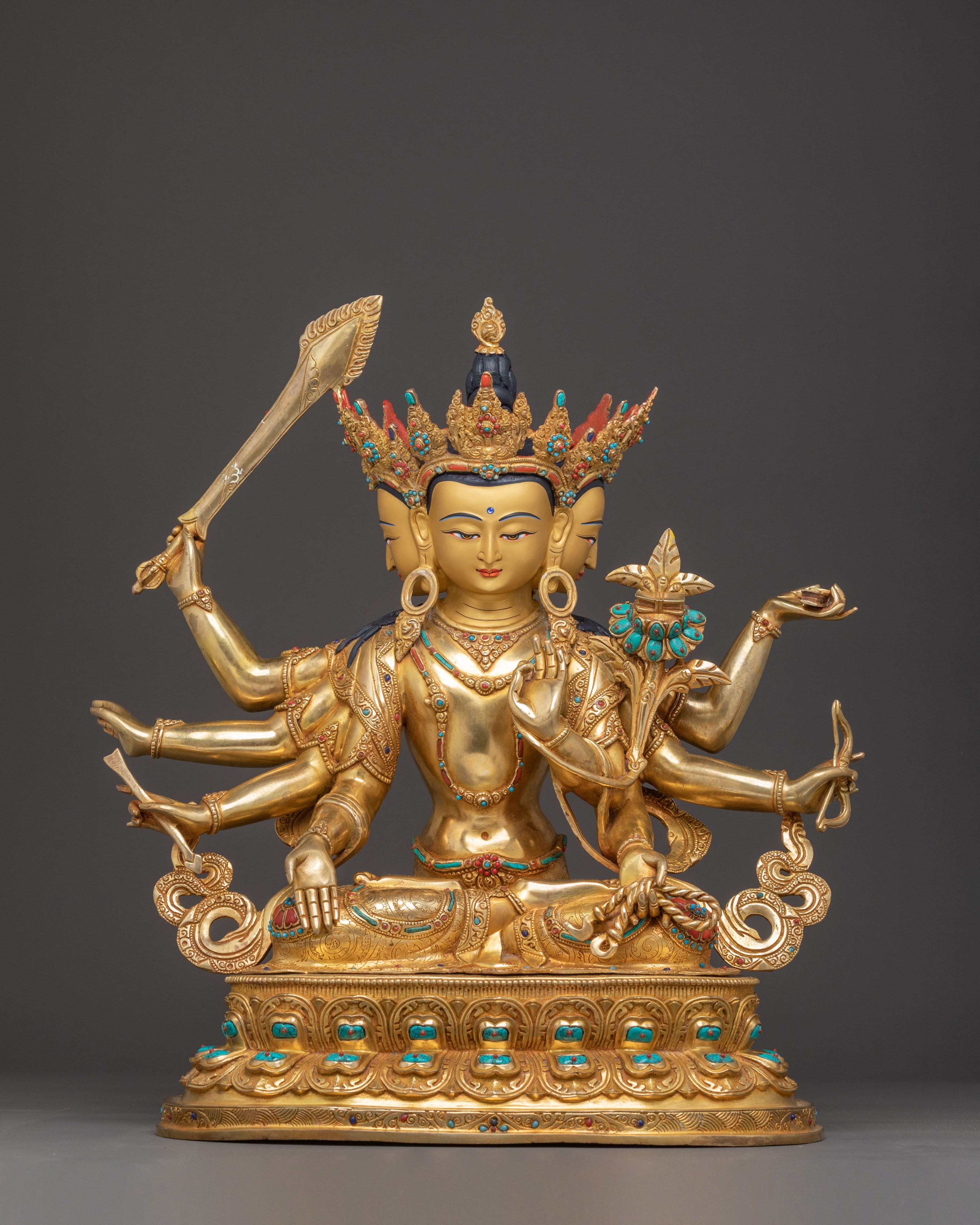 Handcrafted Statue of Wisdom Icon Maha Manjushri | Gold Gilded Copper Sculpture