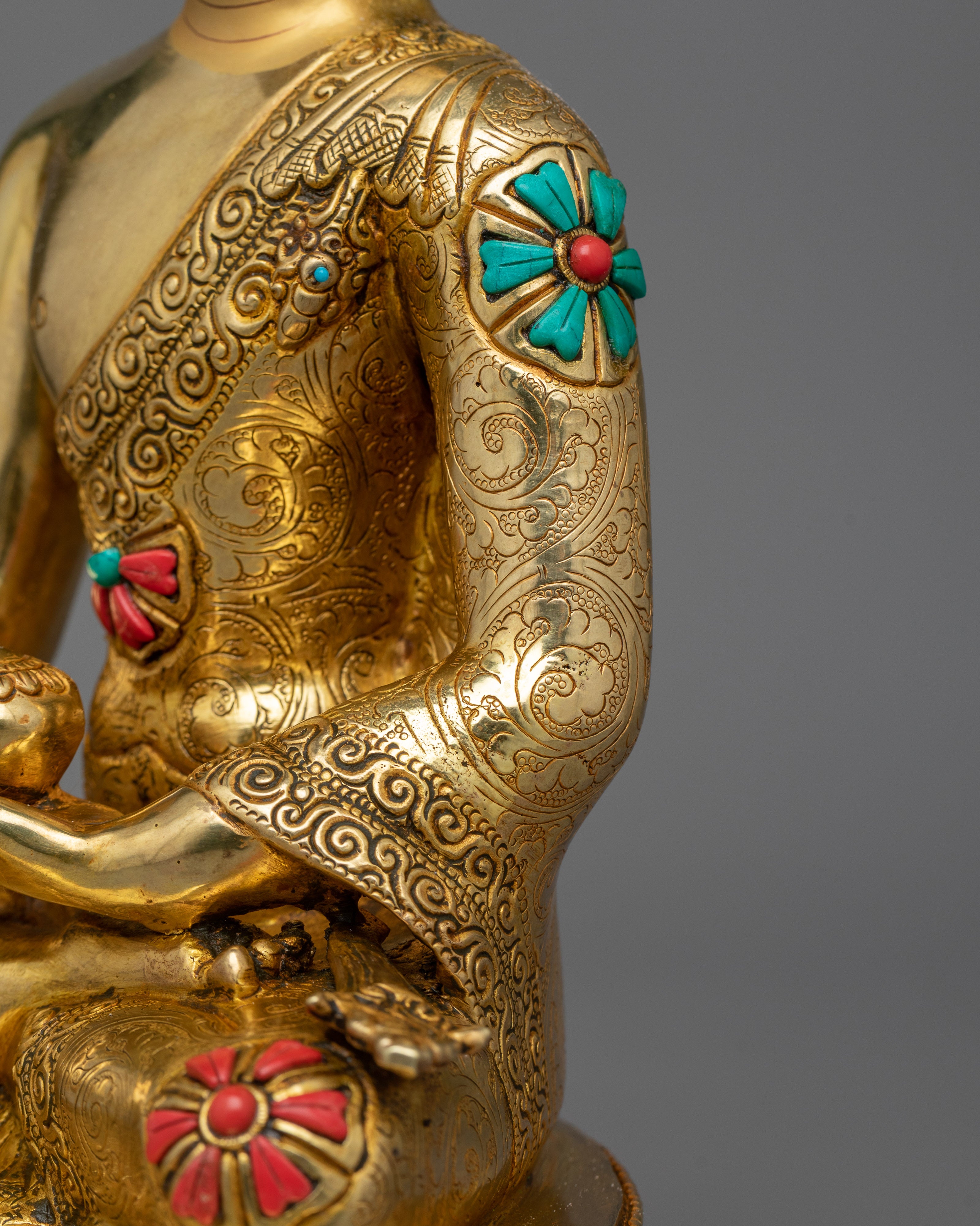 Regal Shakyamuni Buddha Golden Sculpture | Hand-carved Gemstone Detailing