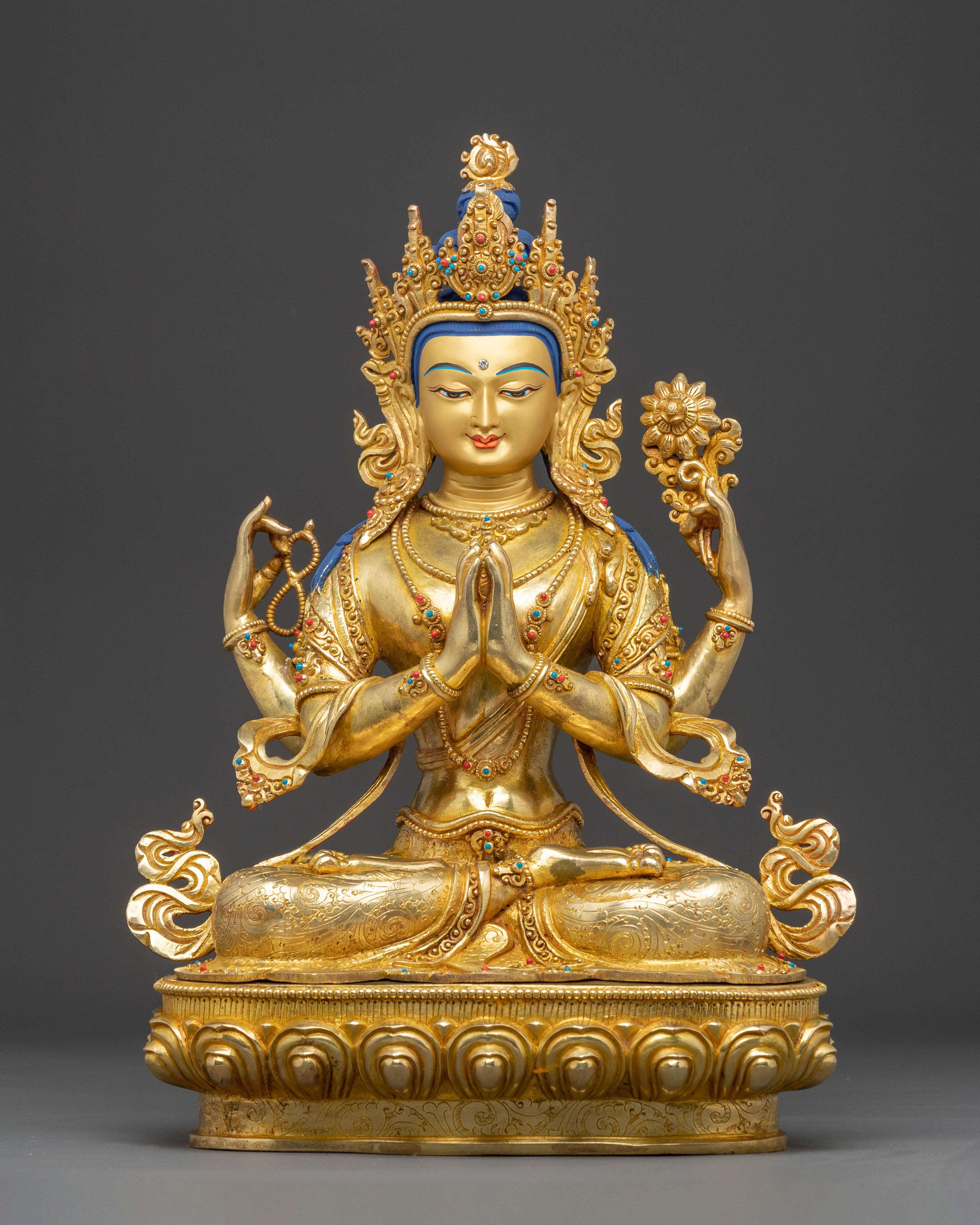 Handcrafted Golden Statue of Four Armed Chenrezig