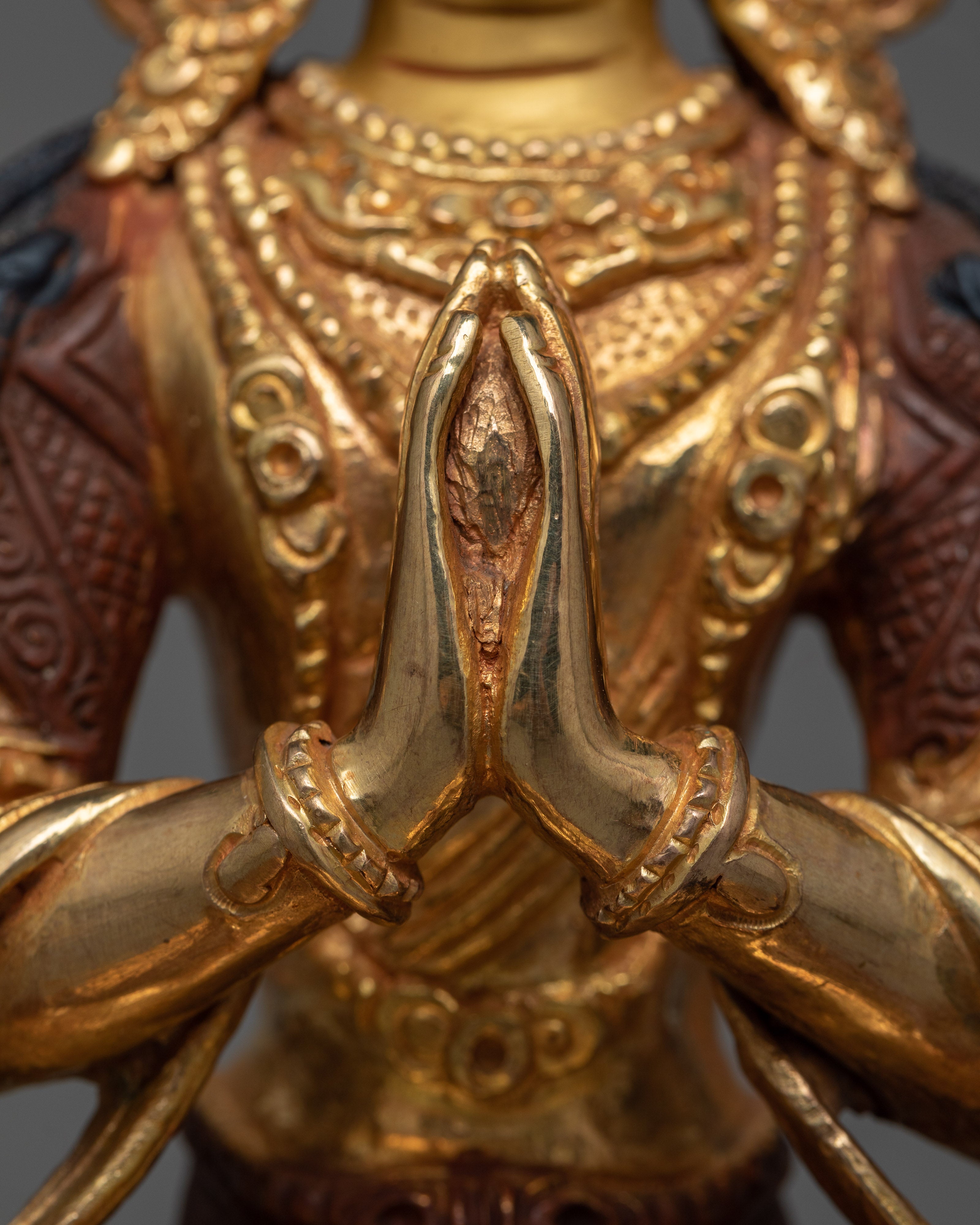 4-Armed Bodhisattva Chenrezig Statue | Gold Gilded Copper Art from Nepal