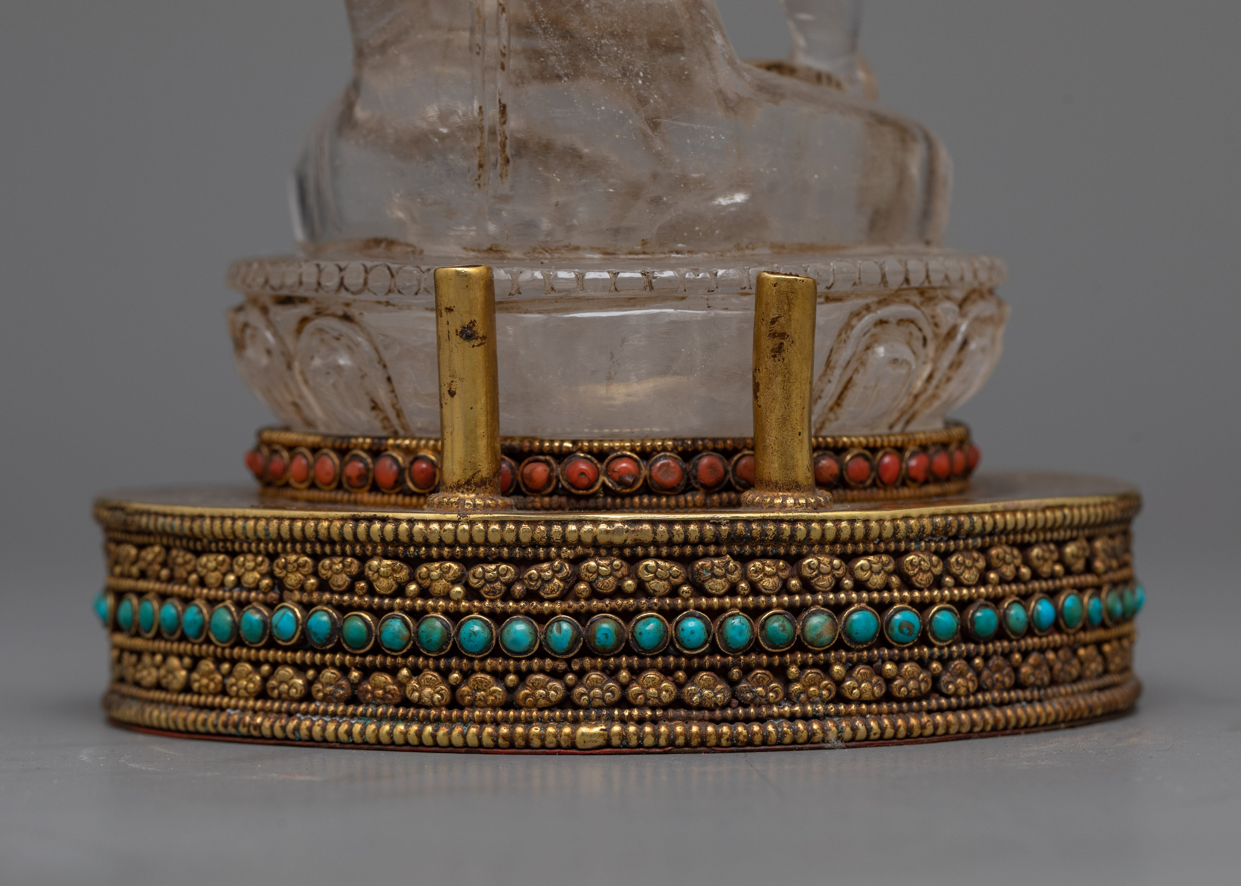 Crystal Shakyamuni Buddha Sculpture | Gold-Gilded Copper Throne
