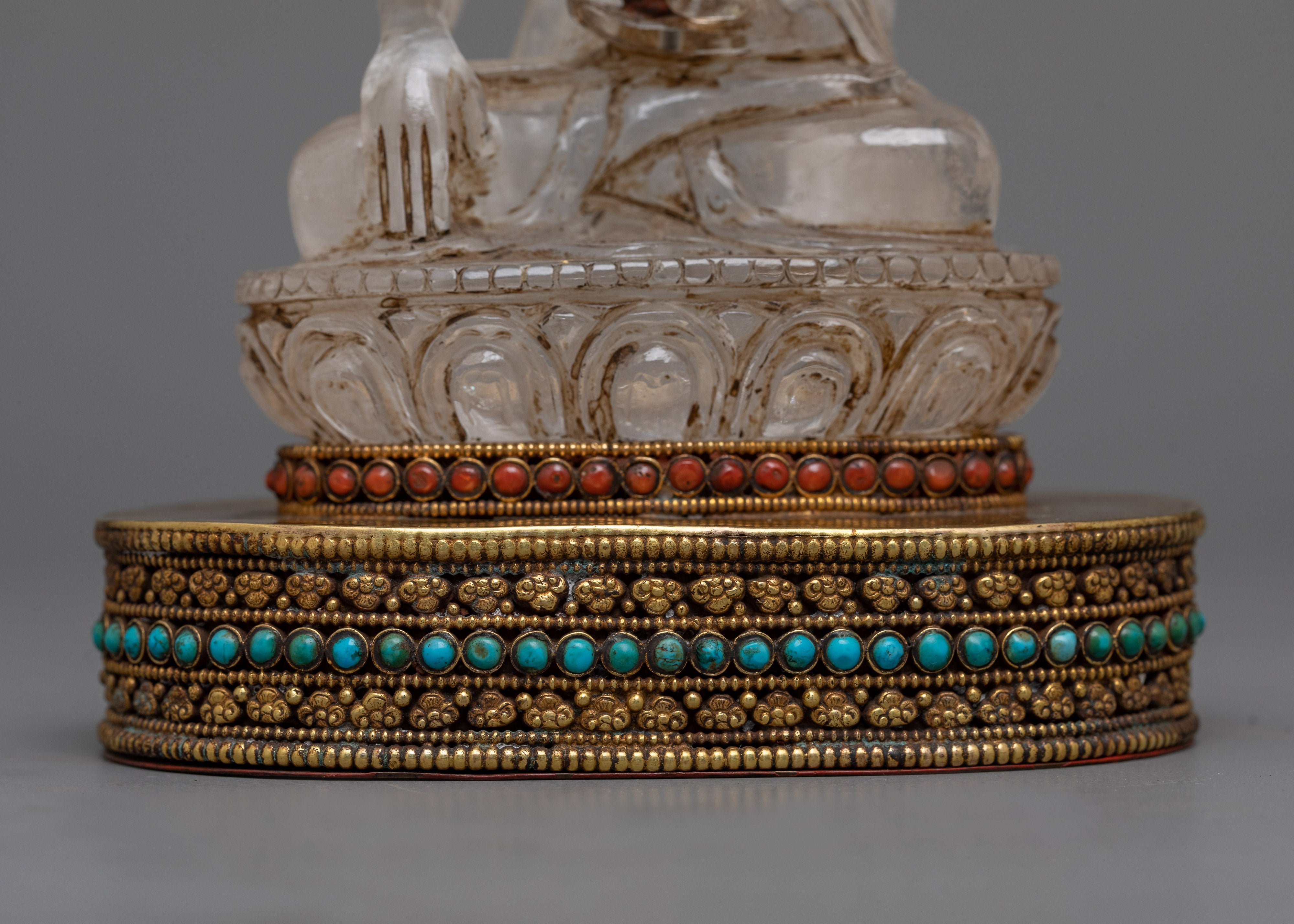 Crystal Shakyamuni Buddha Sculpture | Gold-Gilded Copper Throne
