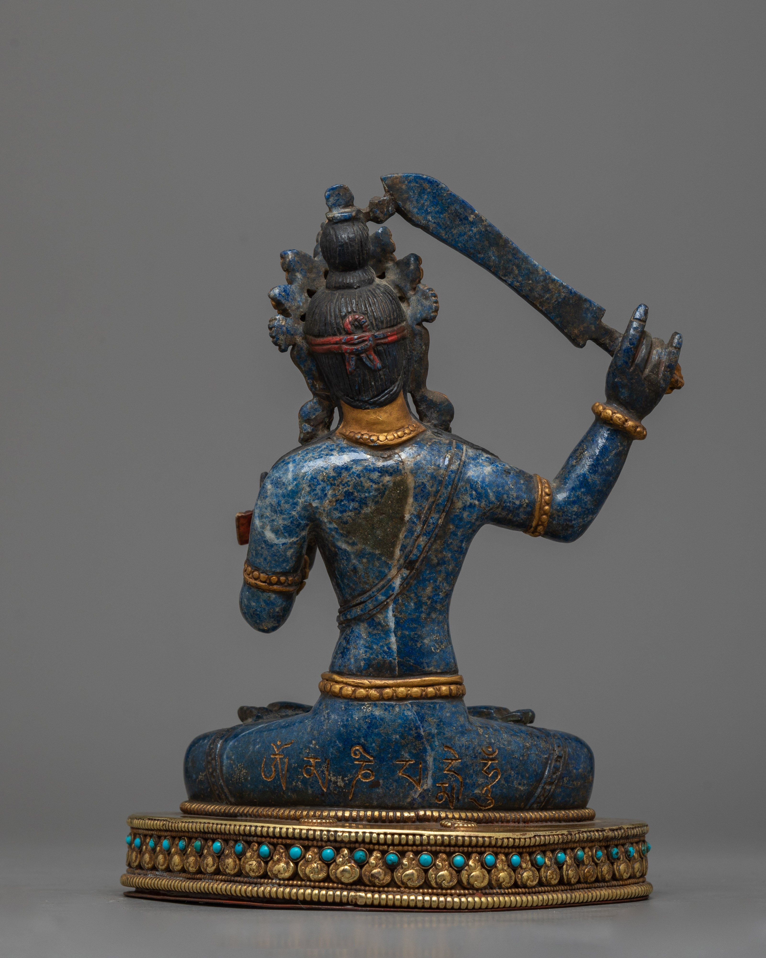 Exquisite Lapis Lazuli Manjushri Bodhisattva Sculpture | Antique Gold-Gilded Copper Throne