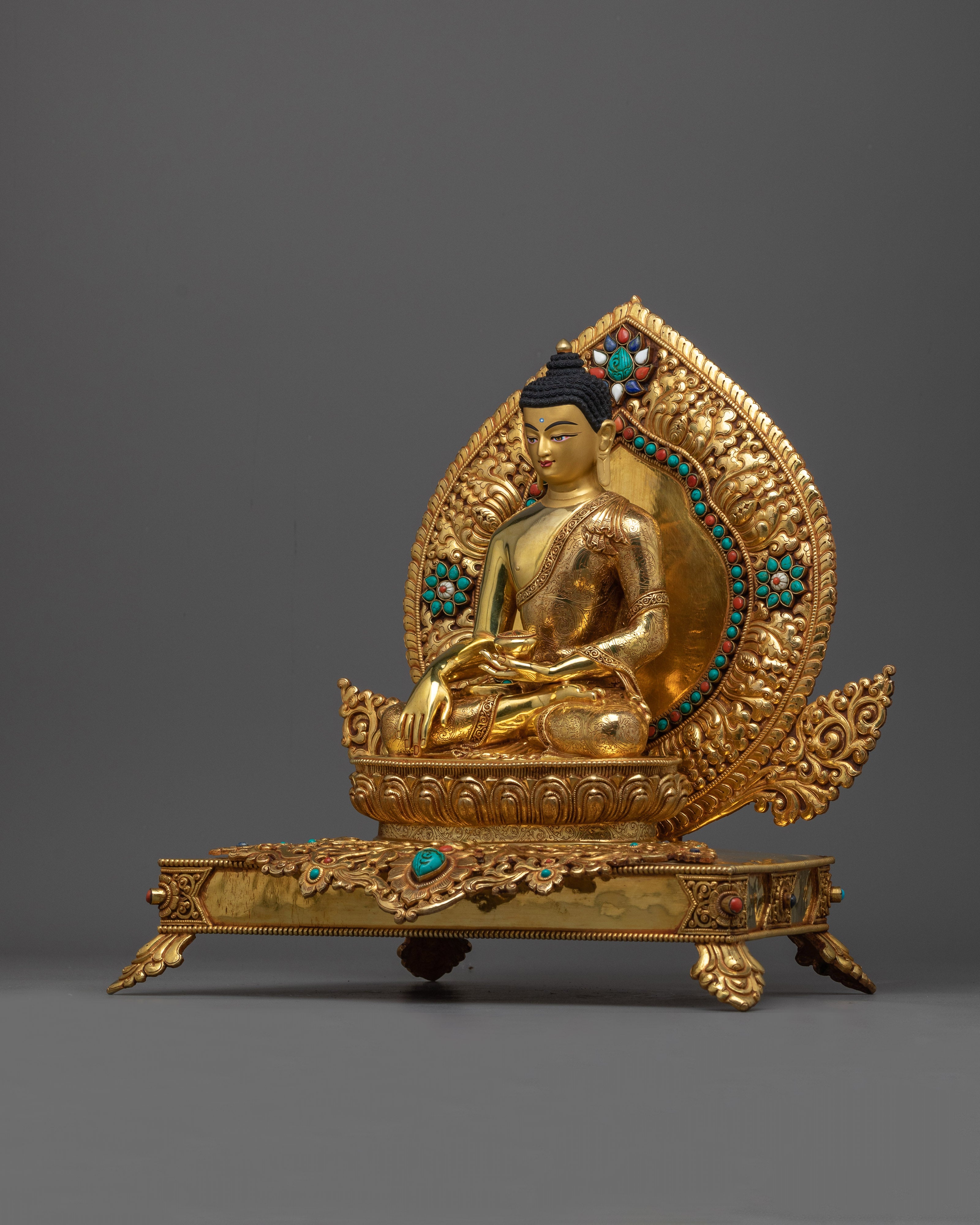 Shakyamuni Buddha Sculpture on an Ornate Throne | Majestic Triple-Layered 24K Gold-Gilded