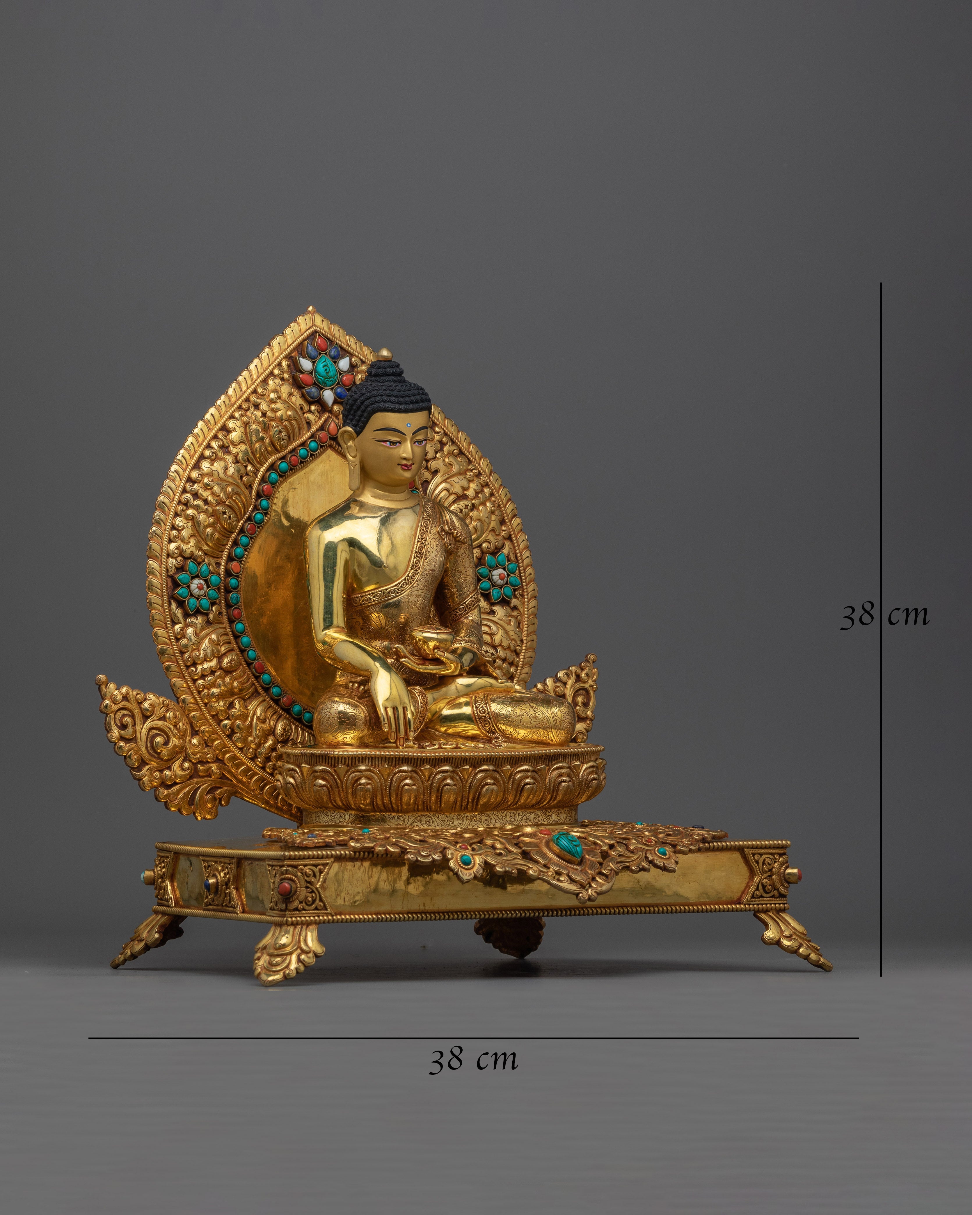 Shakyamuni Buddha Sculpture on an Ornate Throne | Majestic Triple-Layered 24K Gold-Gilded