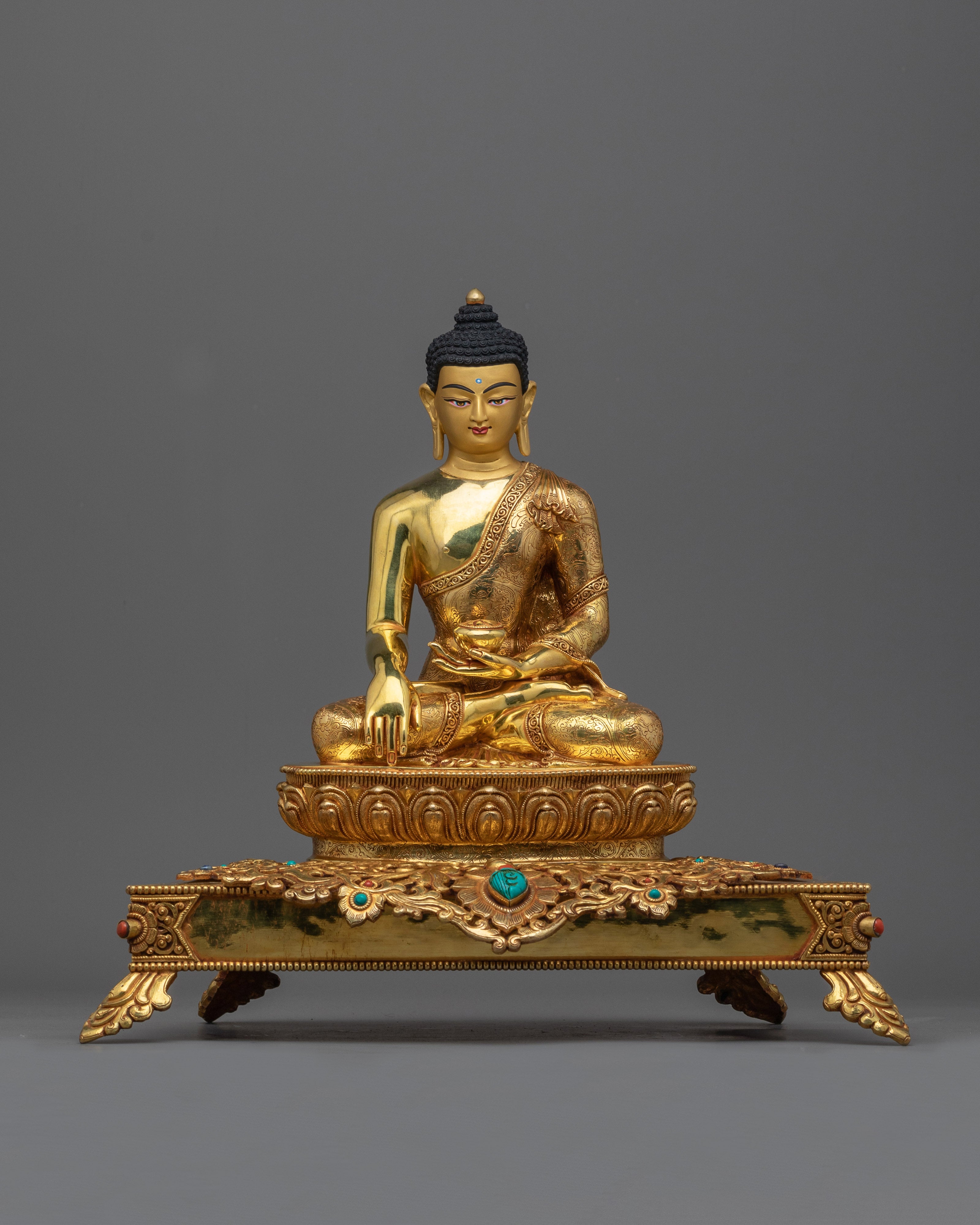Shakyamuni Buddha Sculpture on an Ornate Throne | Majestic Triple-Layered 24K Gold-Gilded