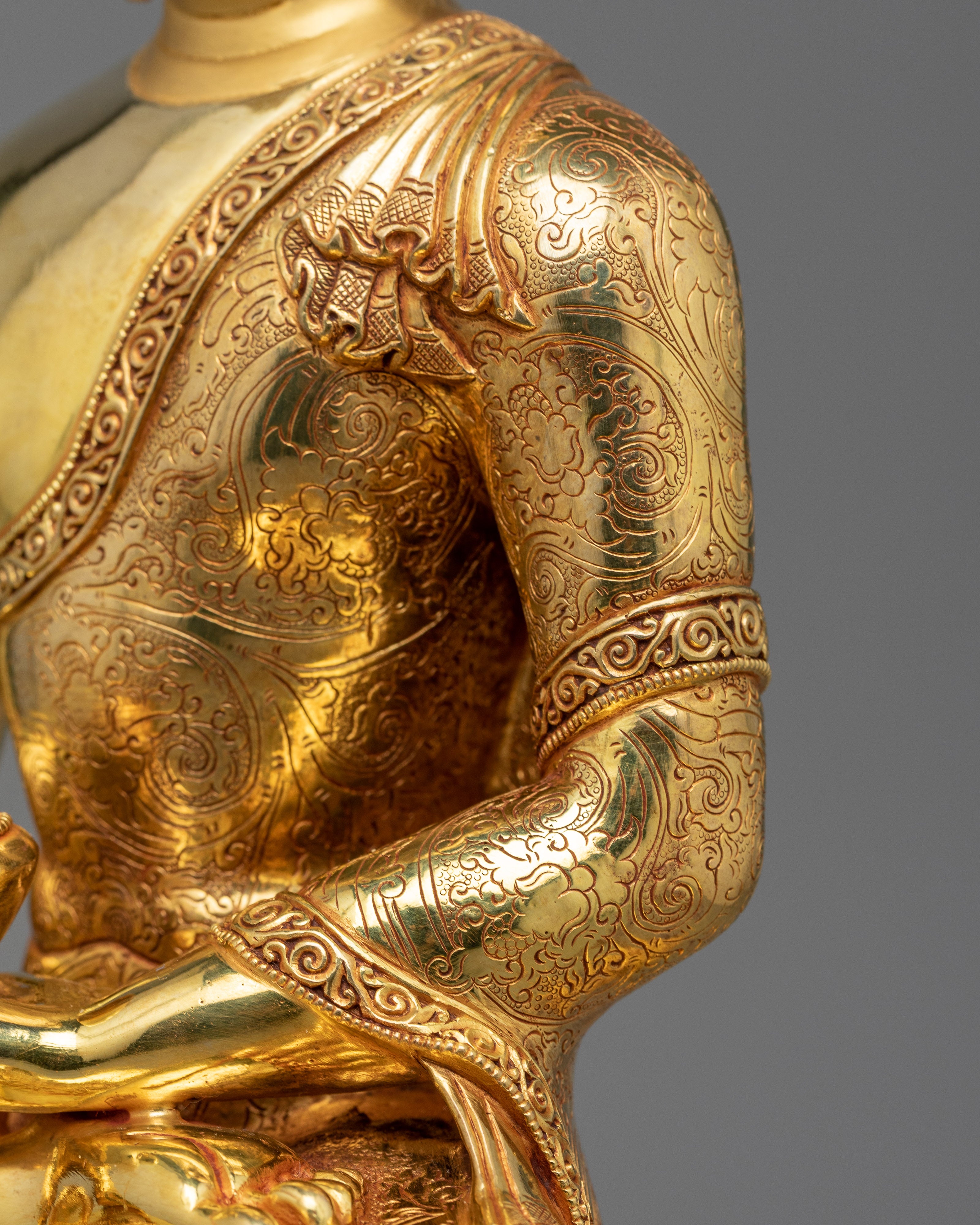 Shakyamuni Buddha Sculpture on an Ornate Throne | Majestic Triple-Layered 24K Gold-Gilded