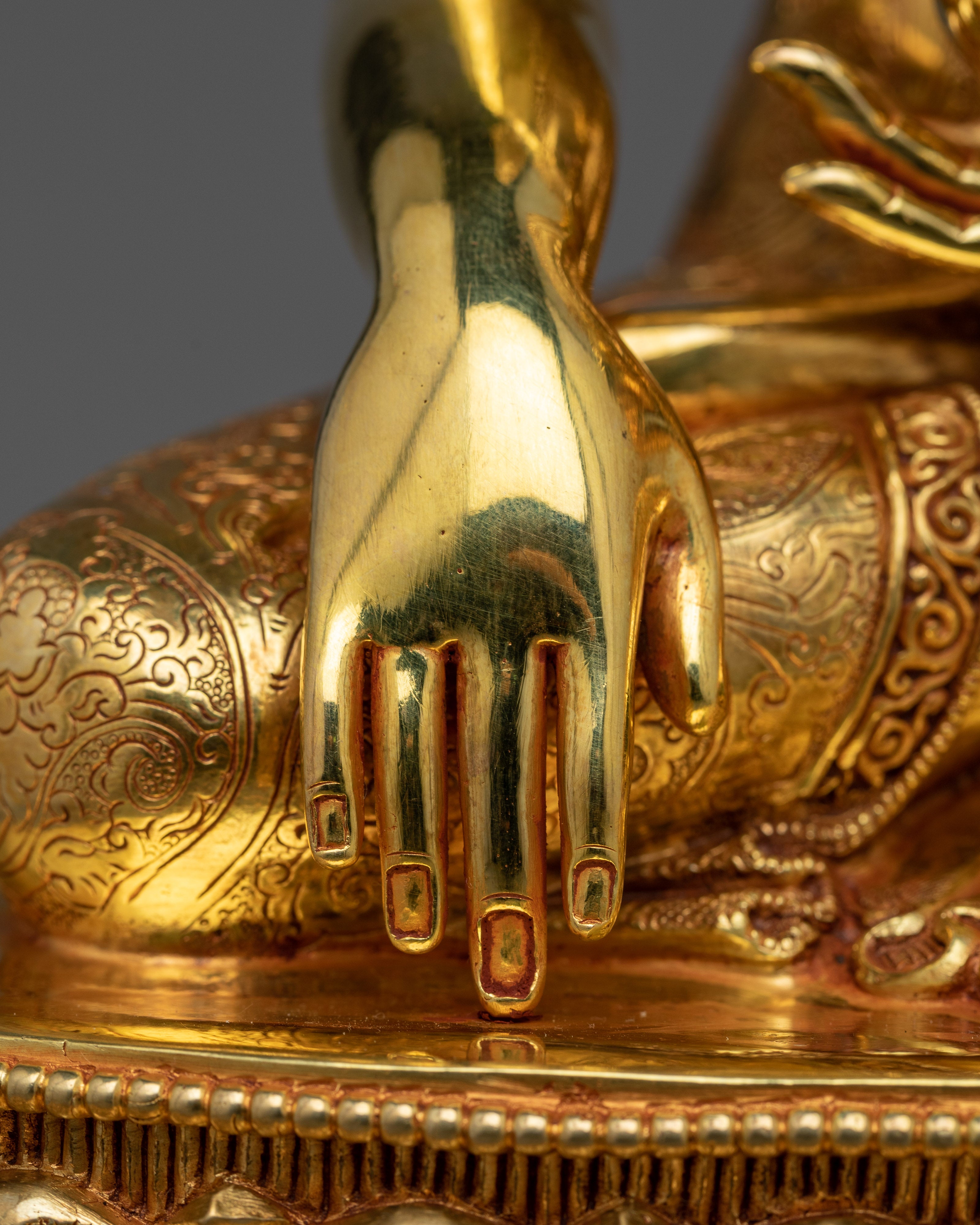 Shakyamuni Buddha Sculpture on an Ornate Throne | Majestic Triple-Layered 24K Gold-Gilded