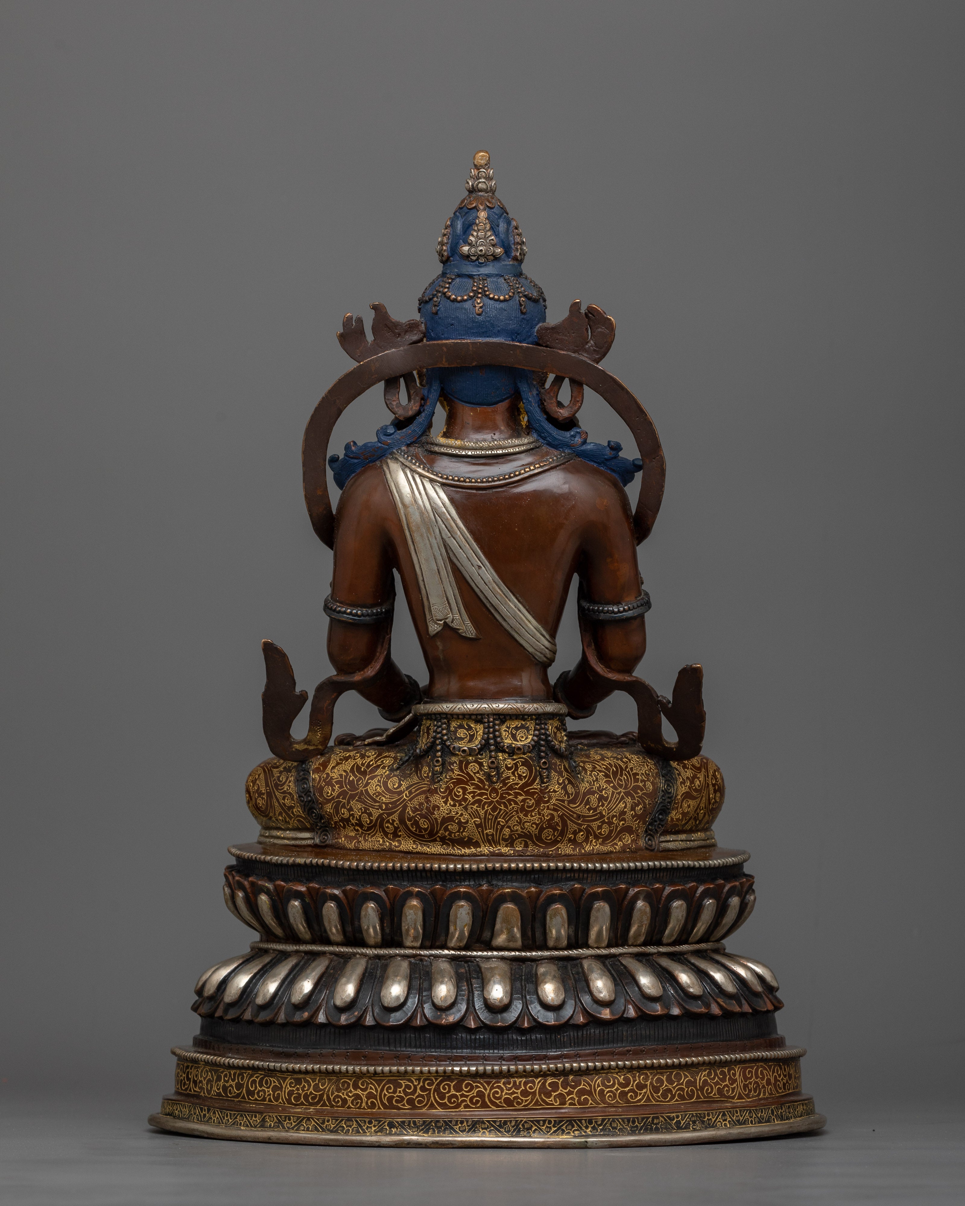 Oxidized Amitayus Figure | Buddhist Silver Plated Copper Statue