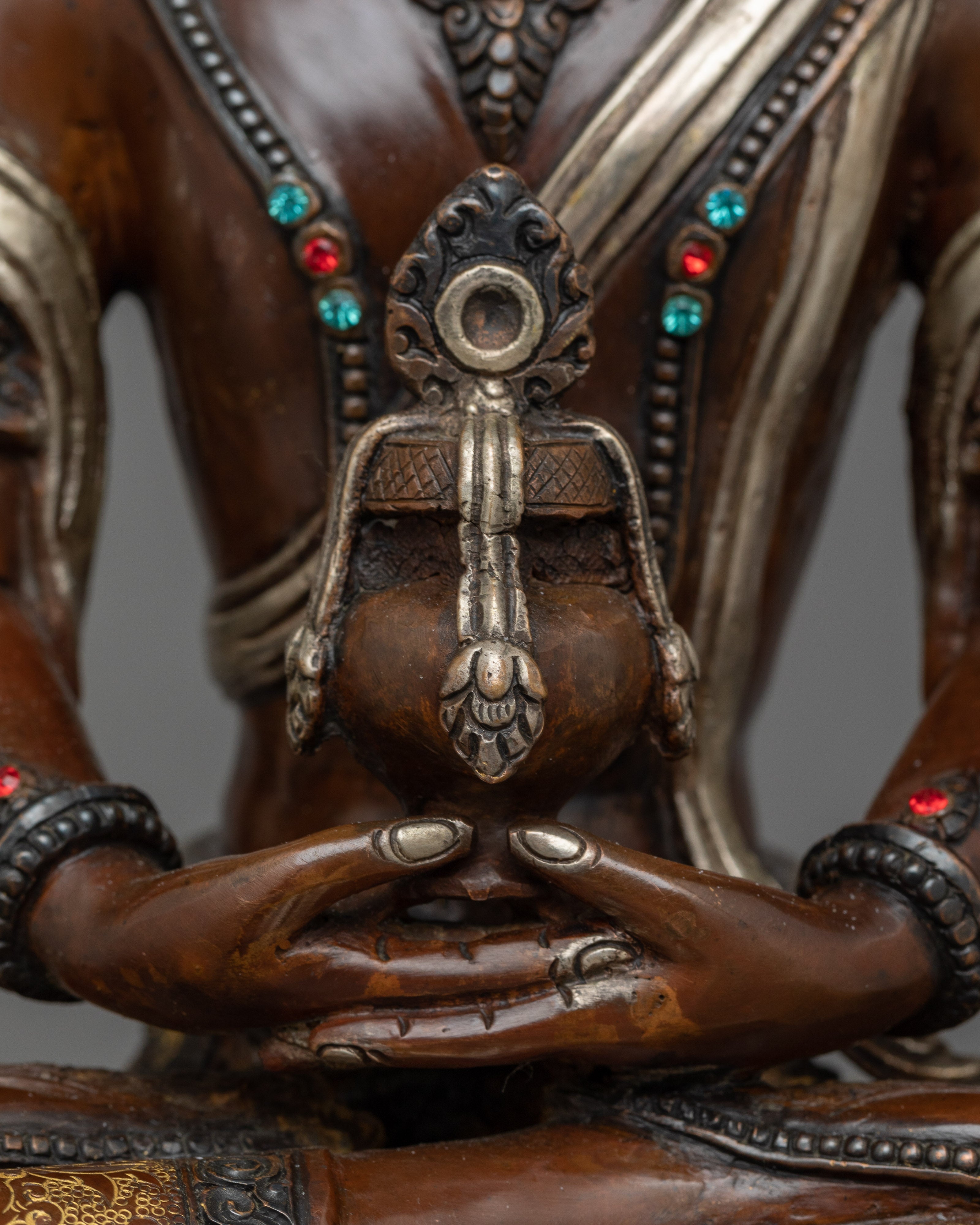 Oxidized Amitayus Figure | Buddhist Silver Plated Copper Statue