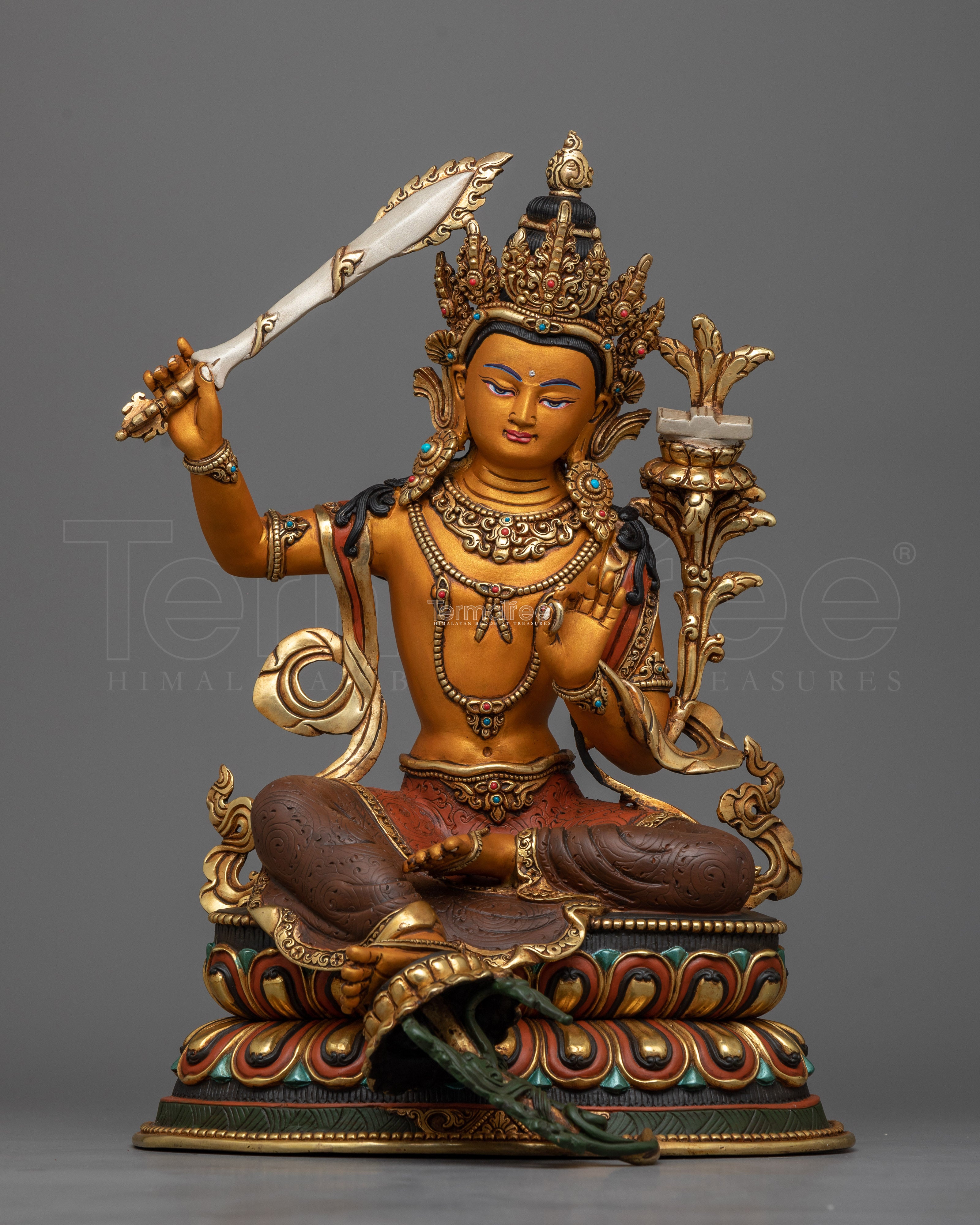 24K Gold Gilded Manjushri Figurine for The Shrine | Acrylic Painted Bodhisattva Sculpture